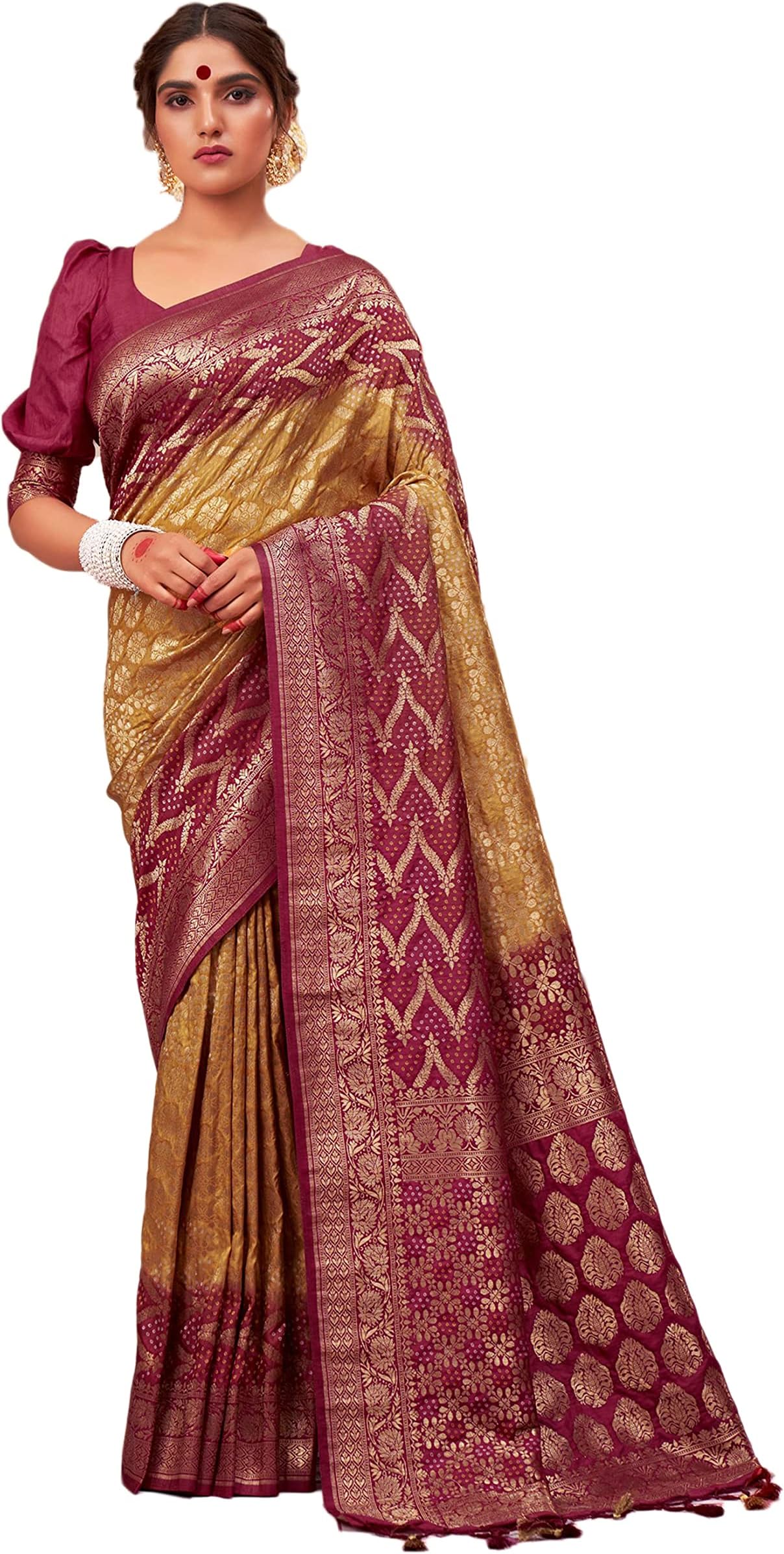 Vardha Saree for Women Raw Banarasi Art Silk Woven Bandhani Saree | Indian Diwali Wedding Gift Sari & Unstitched Blouse