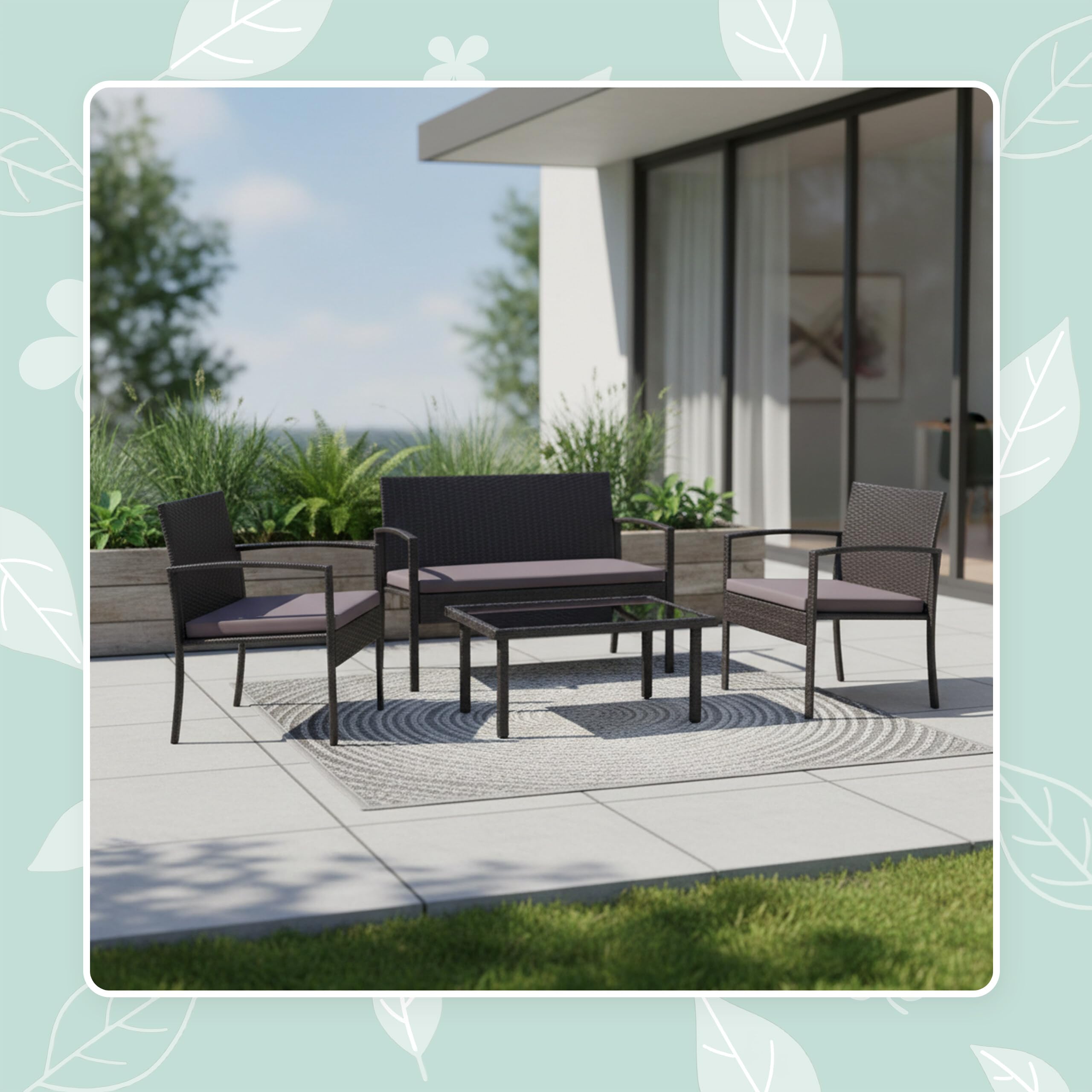 Relaxdays Ensemble Jardin 4 pcs, rotin synthétique, Noir, Banquette 2 Places, 2 chaises, Table Verre, 4 pers.