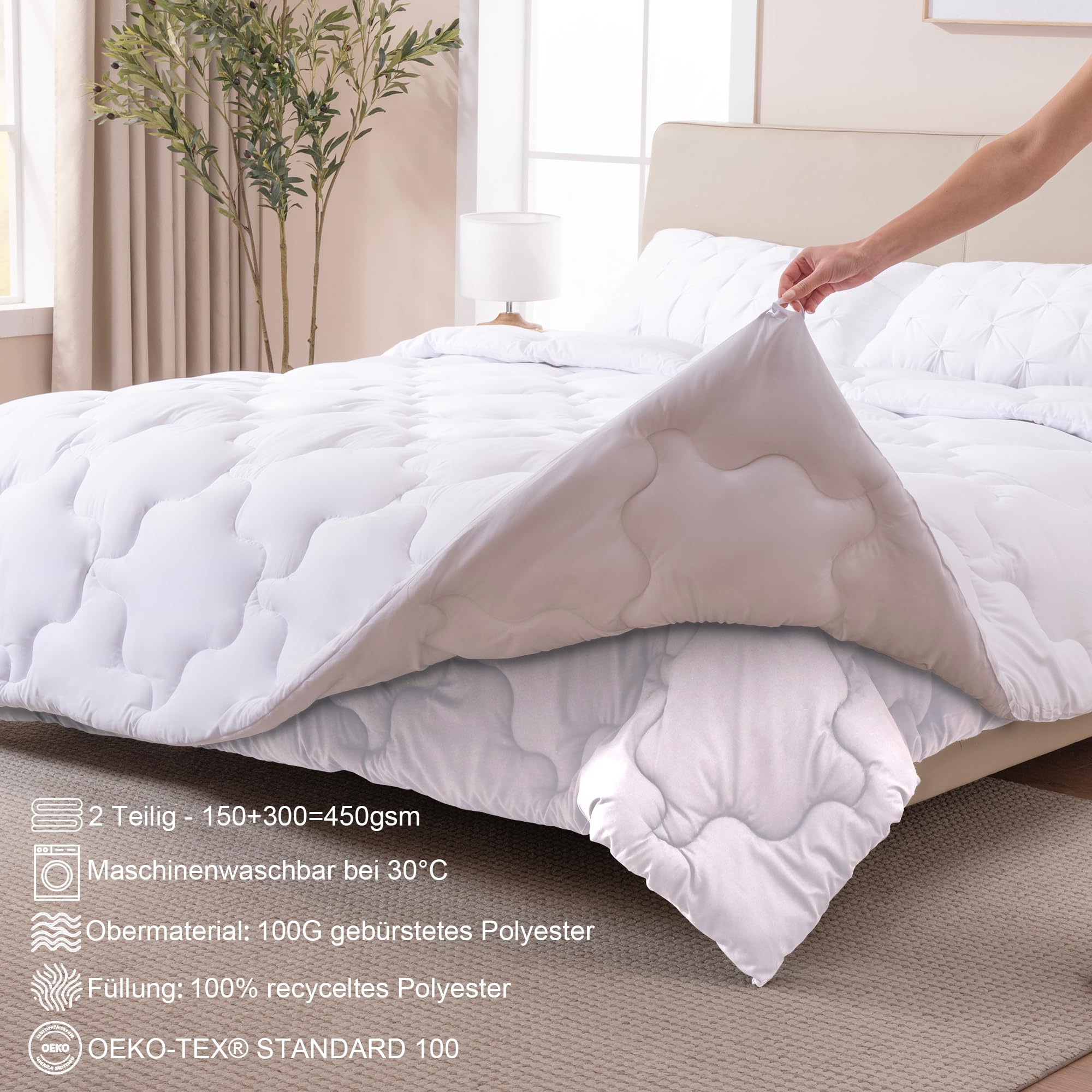 Waxberry 4 Jahreszeiten Bettdecke 200x220, 2 Teilig Set - Winterdecke 450gsm - Ganzjahresdecke 300gsm + Sommerdecke 150gsm, Weiche Steppdecke Waschbar Anti-Allergisch, Weiß