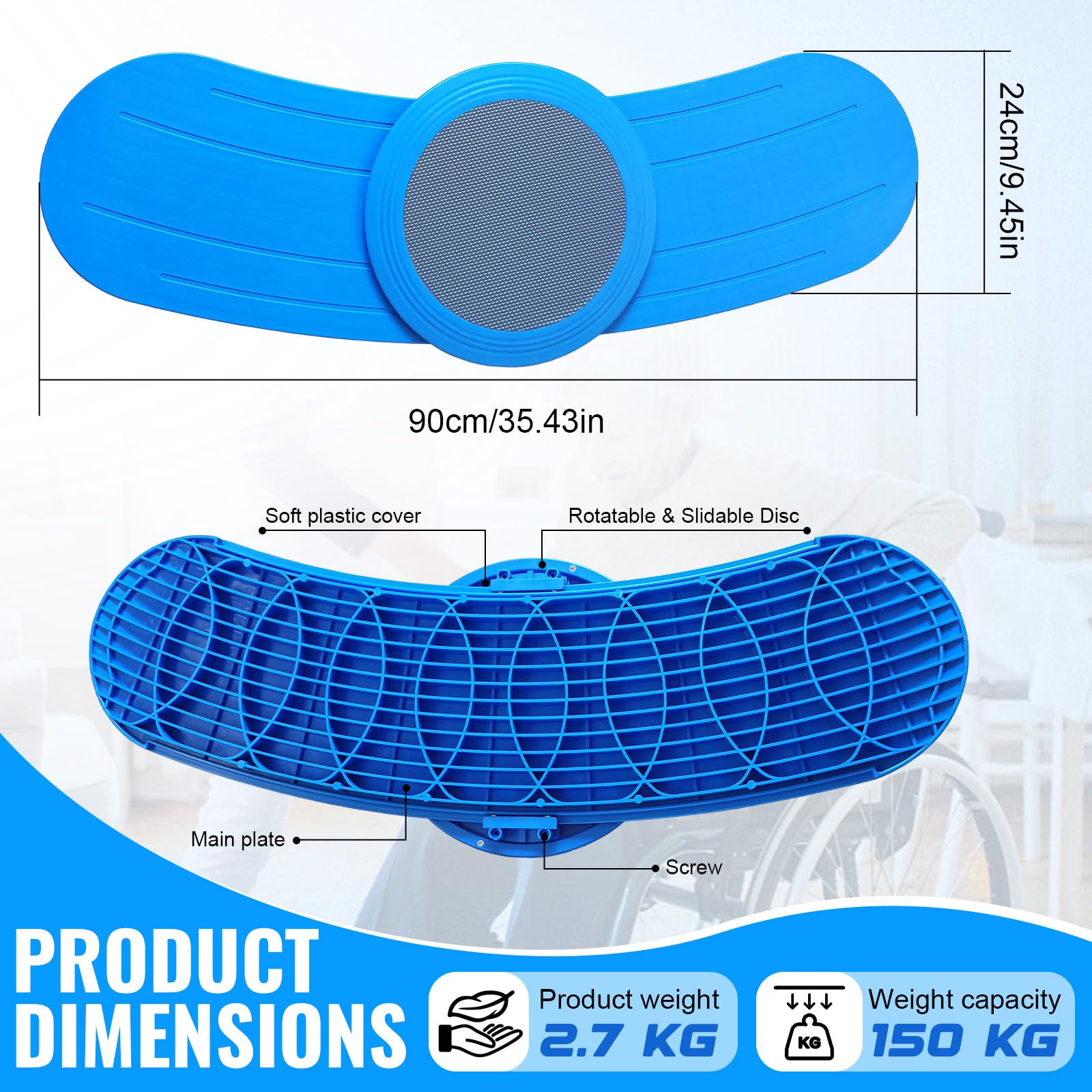 Tabla de transferencia deslizante con disco giratorio de 360°, para personas mayores y personas que necesitan cuidados, de silla de ruedas a cama, inodoro, bañera y coche (azul)