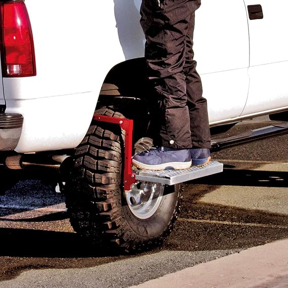 Powerbuilt Tire Step for Truck, SUV, Semi, Heavy Duty 300 lb. Capacity, Non-Slip Cheese Grater Steel Surface, Adjusts to Fit Any Diameter Tire Up to 13 in. Wide, Folds Flat for Storage 647596EC