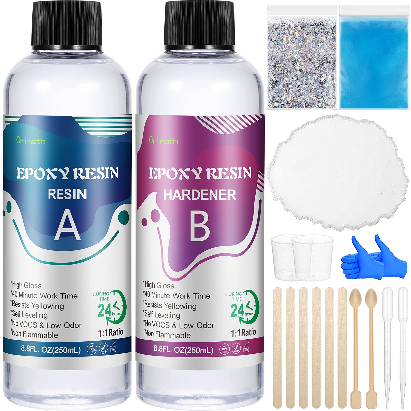 Orimath Resin Kits for Beginners, 2 Part 500ml/17.6oz Crystal Clear Epoxy Resin Kit with Resin Pigment, Resin Glitter, Resin Starter Kits with Moulds for Resin Coaster, Jewelry Making