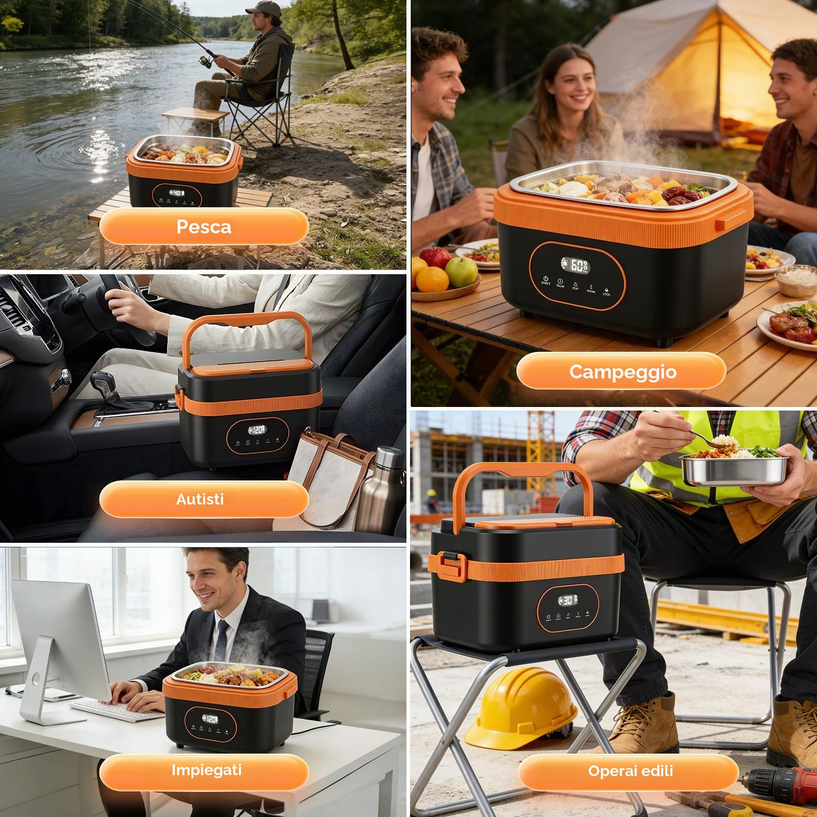 Scatola da Pranzo Elettrica Senza Fili, Scaldavivande Elettrico con Posate e Borsa Termica, A prova di perdite, 18000 mAh, 1,5L portapranzo riscaldato ricaricabile in acciaio inox per Auto, ufficio
