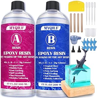 Myqiuf Epoxy Resin Kit, 34OZ Epoxy Resin Crystal Clear Not Yellowing No Bubble Self Leveling for DIY Molds Wood Jewelry Table Tops Bar Top Casting Coating Crafts Supplies Easy Mix 1:1 Ratio