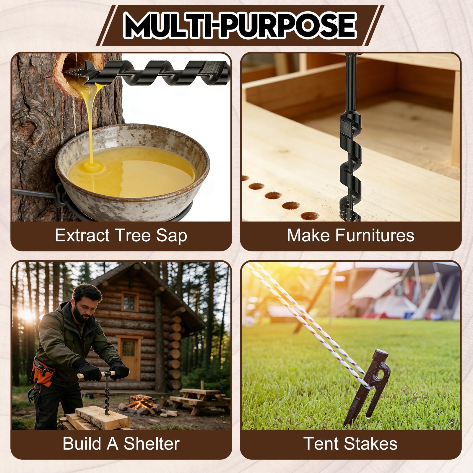Bushcraft - Punta per trapano manuale per legno | Con chiave manuale per sopravvivenza all'aperto, lavori di bushcraft, campeggio all'aperto, lavorazione del legno, 4 pezzi