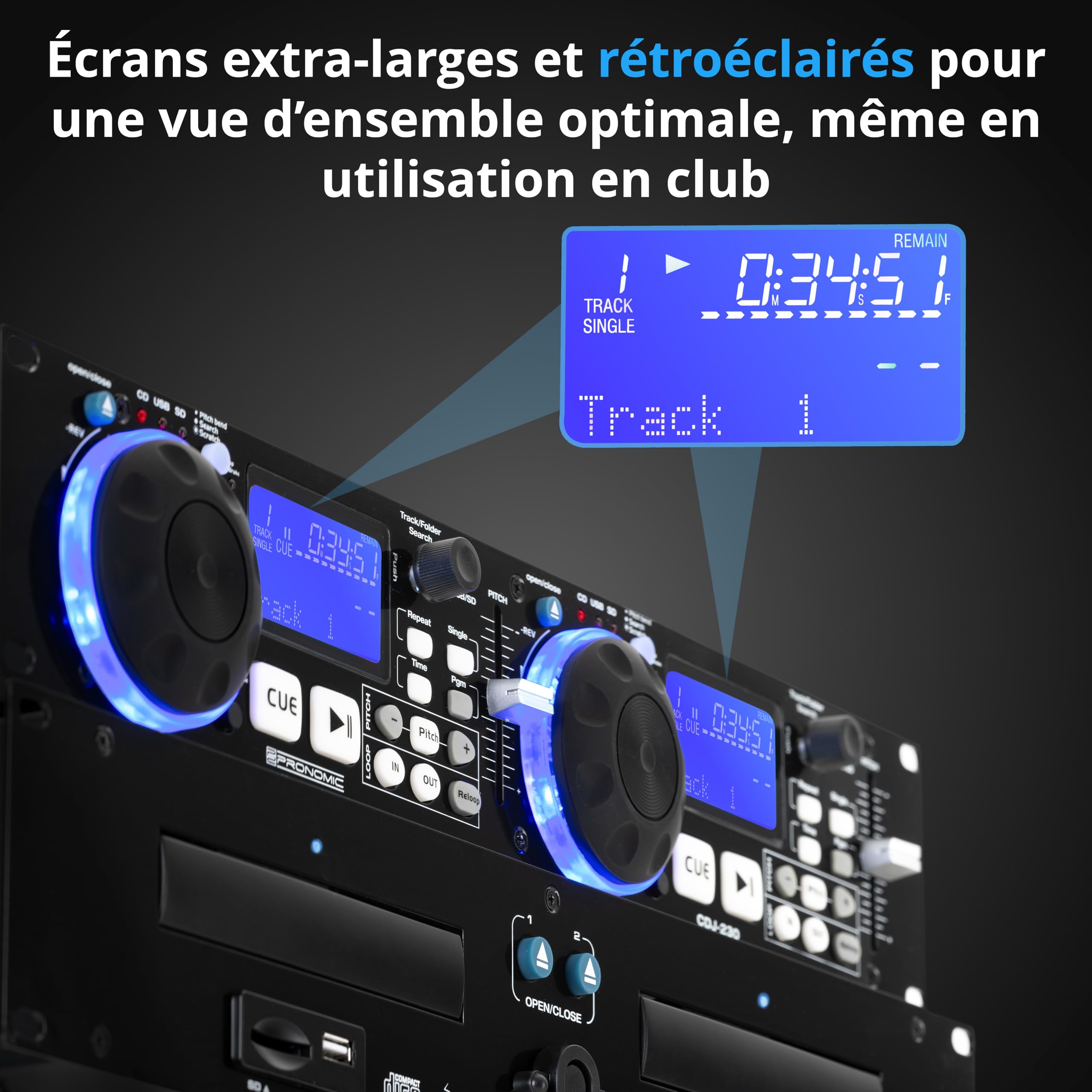 Pronomic CDJ-230 Double Lecteur CD DJ - Lecteur CD MP3 2 canaux avec contrôleur séparé, USB et SD, Pitch Bender, Effets DSP, Seamless Loop, Format Rack 19 Pouces, Noir