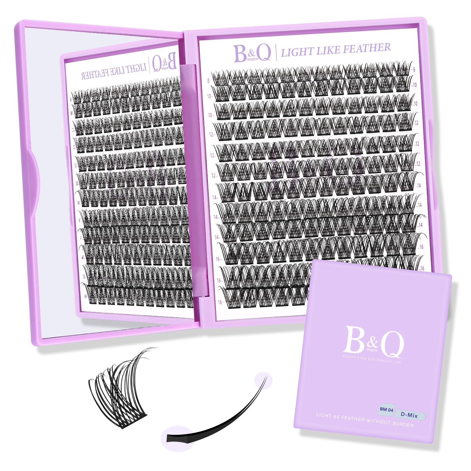Lash Clusters Natural Flat Cluster Lashes 144 PCS B&Q Eyelash Clusters Zero-Touch 8-16mm Mixed D Curl Cluster Eyelash Extensions Double Tips Soft Lightweight Reusable Individual Lashes (BM04-D-8-16)