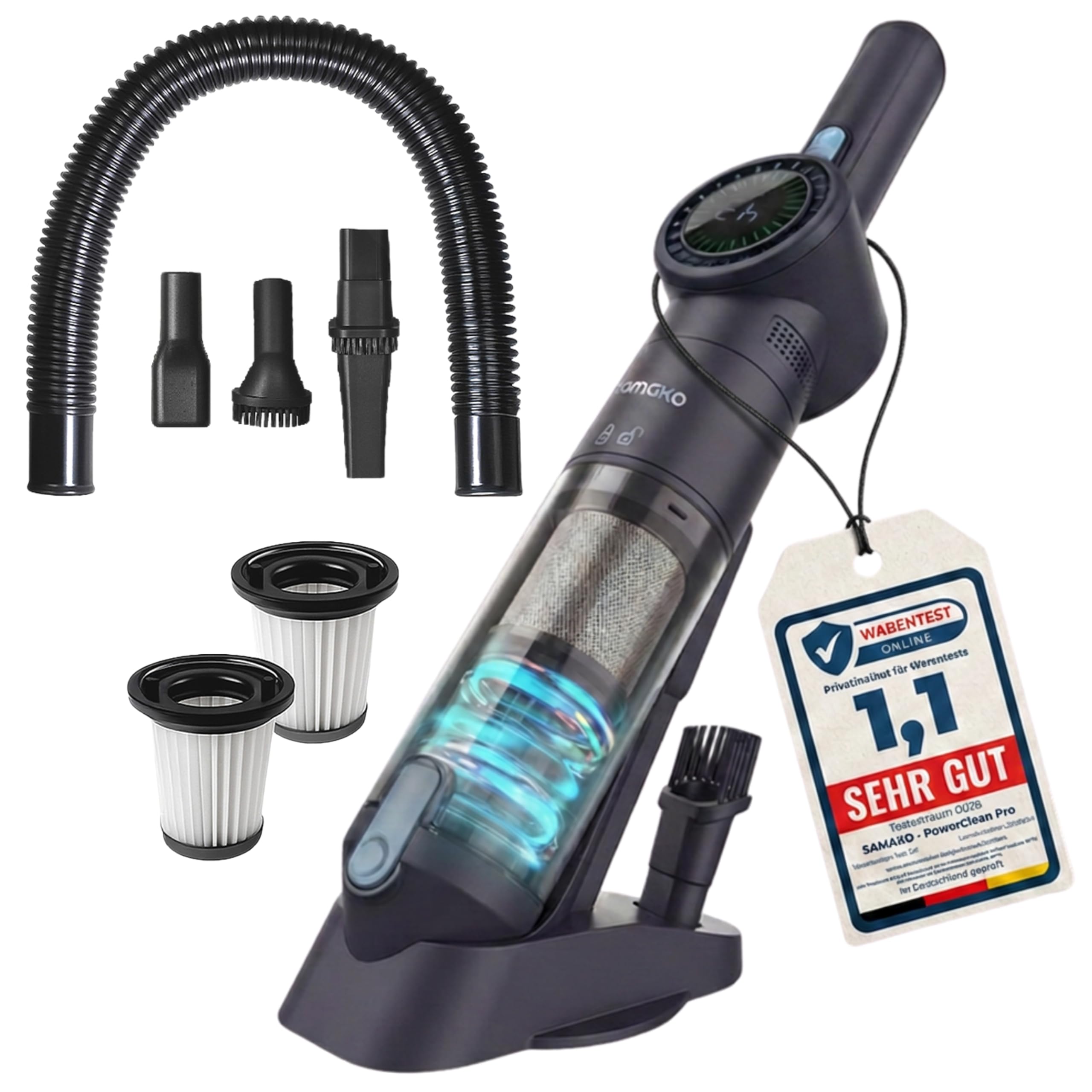 Samako Akku-Staubsauger, 13,5 kPa mit LED-Anzeige NanoDetect Pro Staubsauger, Ultraleicht (0,85 kg), HEPA-Filter, Ladestation, Fugendüse und Flexibler Schlauch für Auto, Sofa und Haushalt