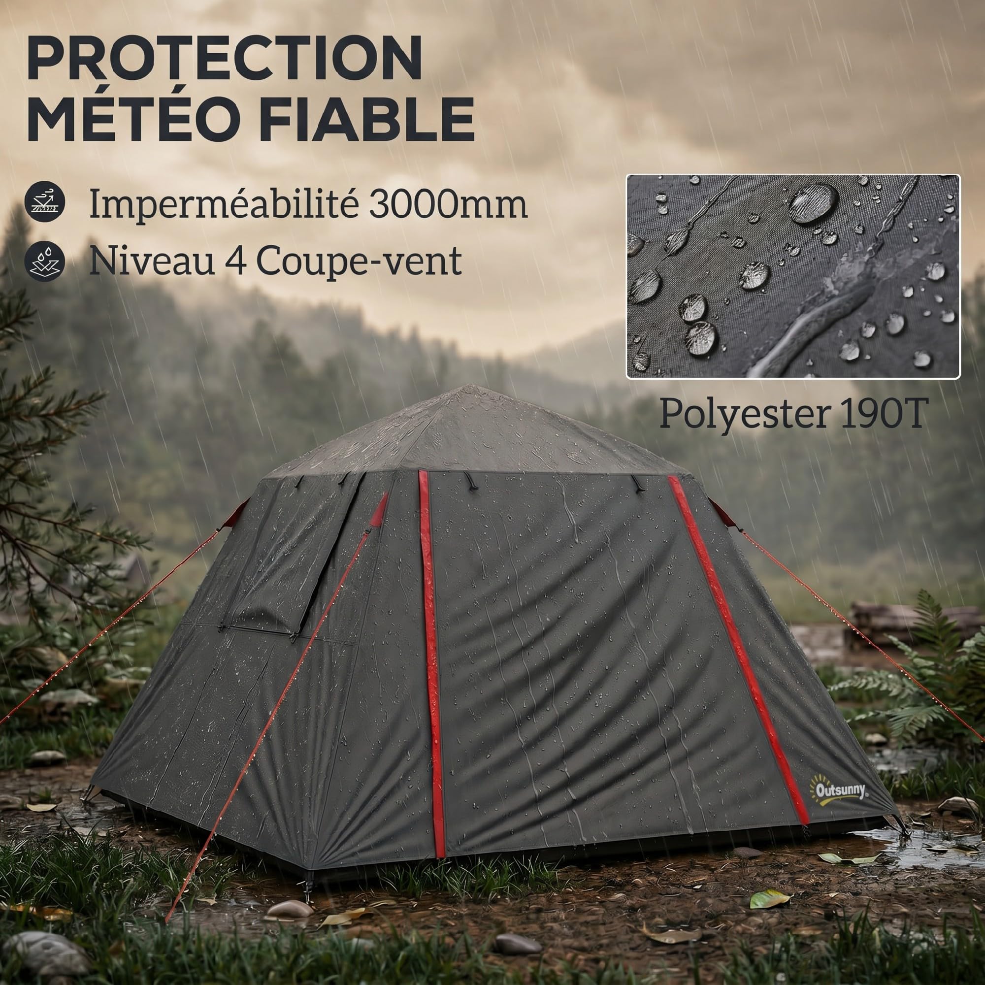 Outsunny Tente de Camping Dôme 2 Personnes Imperméable 3000mm Gris Foncé | 3-4 Saisons, Grande Hauteur 150cm, Montage Rapide, 2 Portes, Abri de Bivouac Autoportant, 22 Piquets