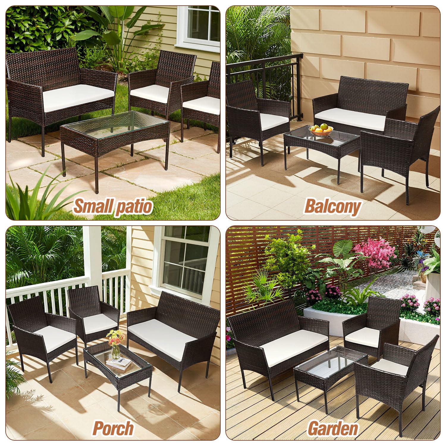 Set di mobili da giardino in polyrattan, 4 pezzi, con 2 divani, tavolo e 2 sedie, resistente alle intemperie, per balconi, terrazze e giardini, colore marrone