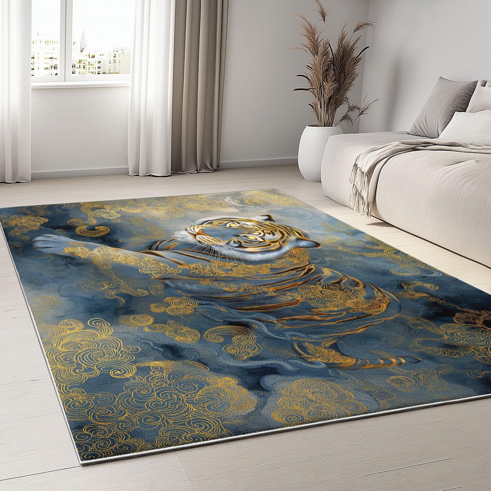 Genérico Dywany antypoślizgowe i chłonne majestatyczny tygrys wzór chmur pomyślny wzór, dywan z krótkim włosiem zmywalny 90 x 150 cm do salonu kuchni, idealny dla chłopców i dziewcząt ciemnoszary