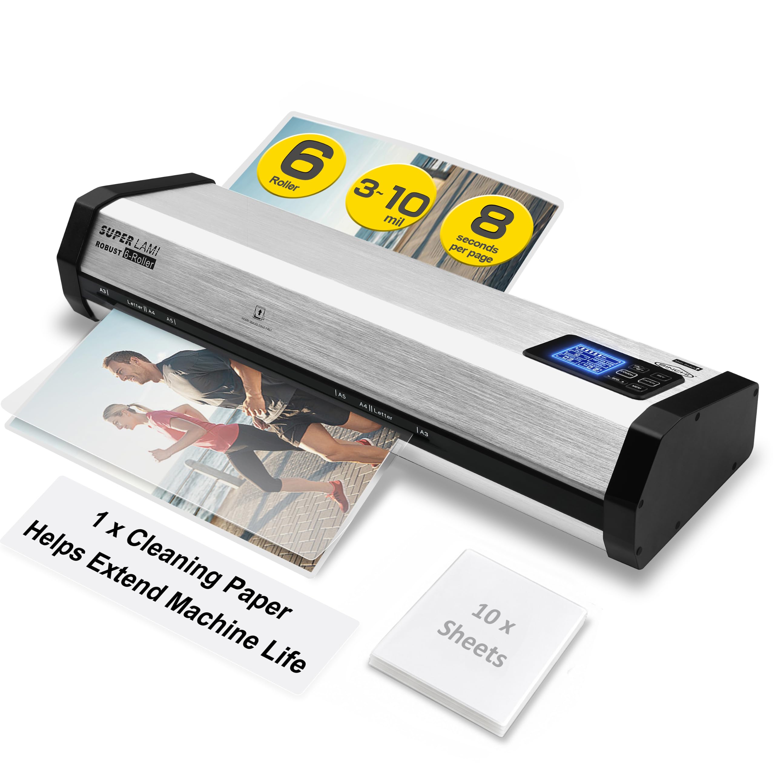 SINCHI Macchina per plastificatrice, robusta 6 rulli con display LCD, resistente 3-10 mil, macchina per laminazione termica da 13 pollici per uso commerciale, riscaldamento di 2 minuti e 90