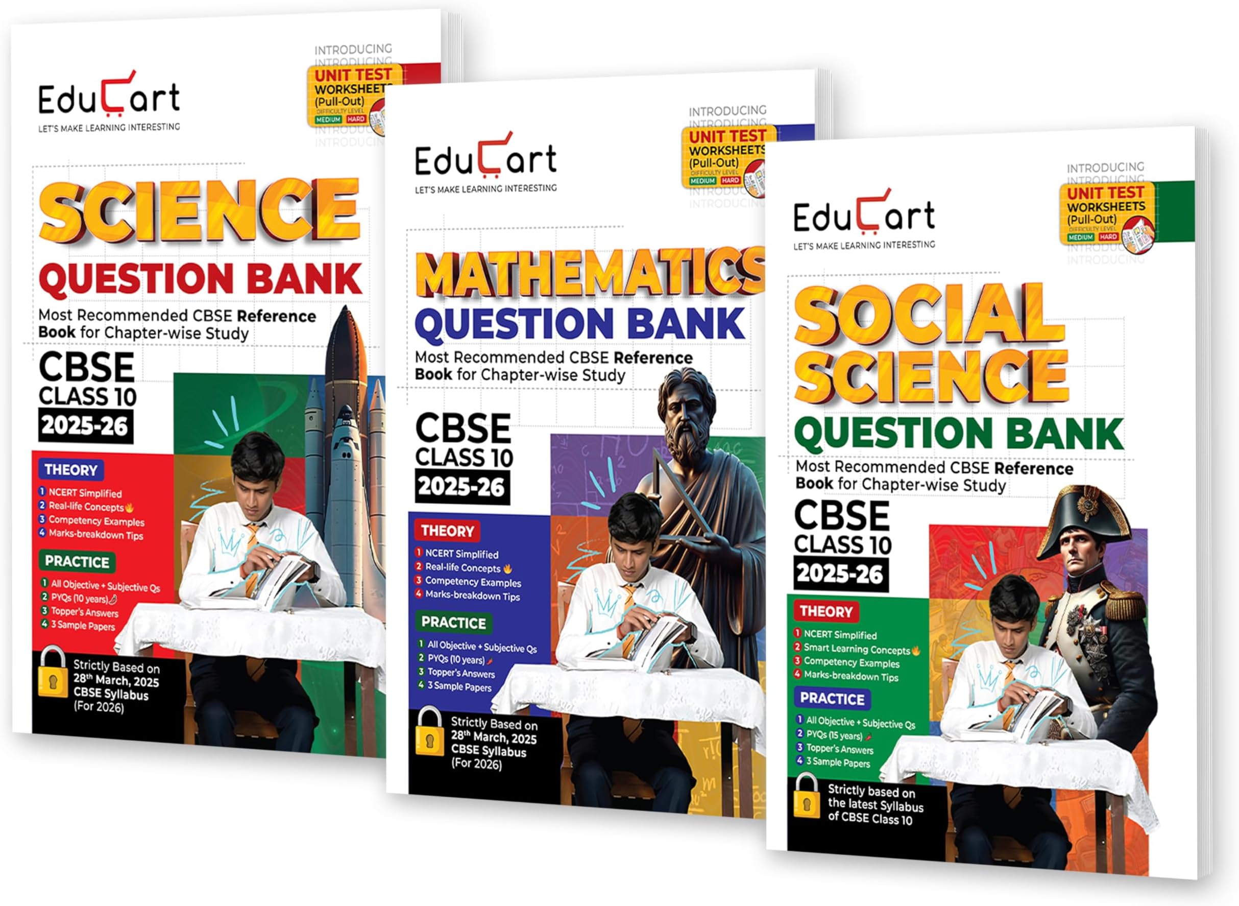 Educart CBSE Question Bank Class 10 Bundle - Science, Mathematics and Social Science on New Syllabus 2025-26 (Introducing Unit Test Worksheets for 2026 Boards)