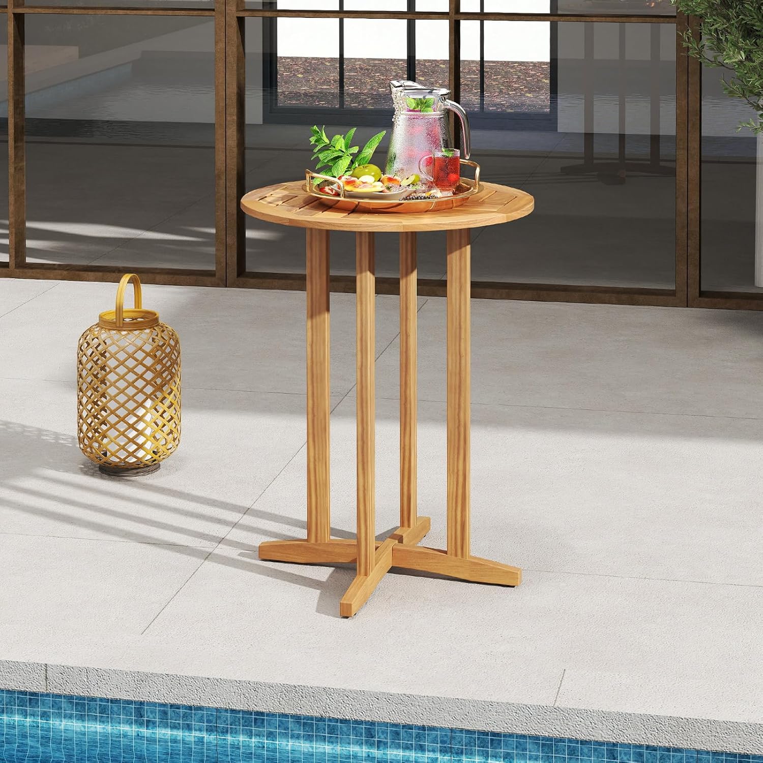 HAPPYGRILL Acacia Wood Outdoor Bar Table, Bar Height Patio Bistro Table for Porch, Garden, Balcony and Poolside