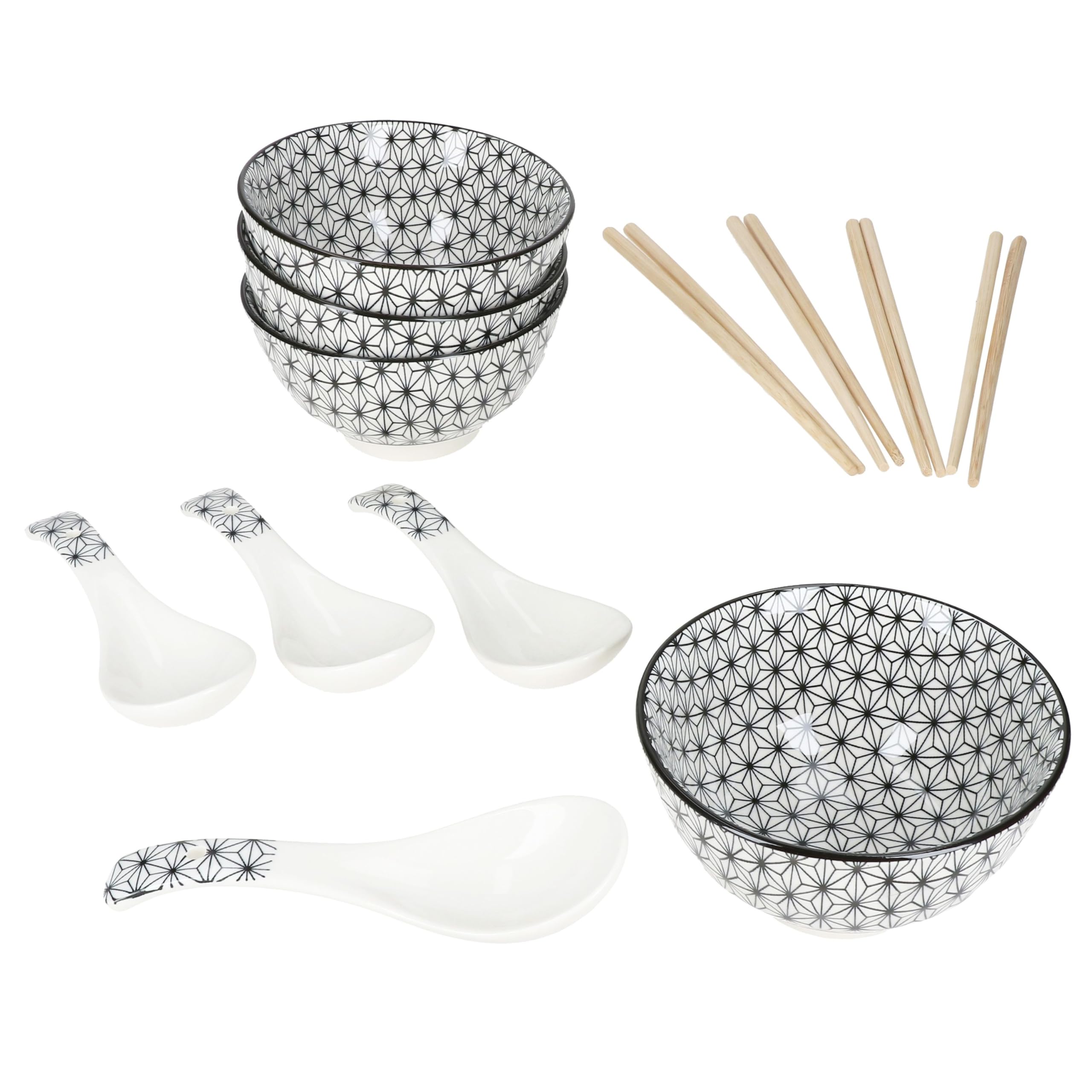MamboCat Sushi Set für 4 Personen I asiatisches Geschirr Set aus Keramik & Bambus I schwarz weiß I je 4x Schale 230ml, Löffel & Stäbchen I für Sushi, Ramen & Suppen I Reis-Bowl