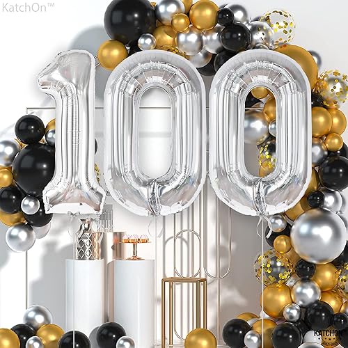 Miniatura 2 de KatchOn, Globos gigantes plateados del número 100  40 pulgadas, globos de 100 quilates para redes sociales  Globos de 100 números plateados para