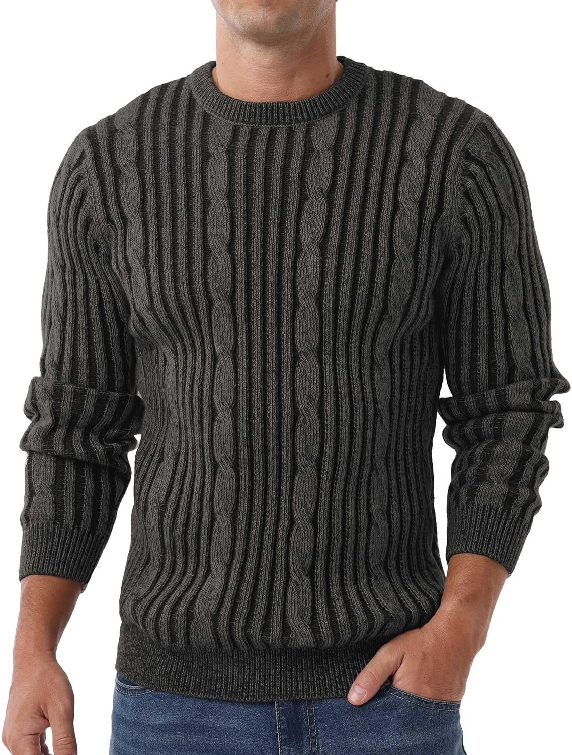 Askdeer Men's Pullover Sweater Cable Knit Casual Crewneck Sweaters Classic Soft Knitted Pullover Tops with Ribbing Edge