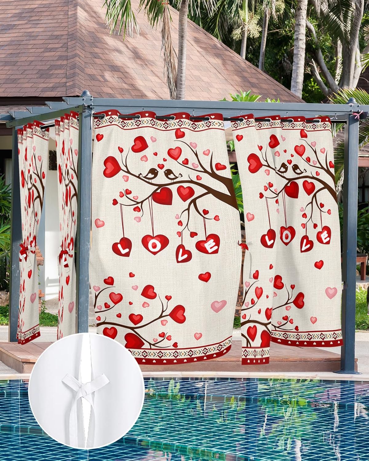 Indoor Outdoor Curtains for Patio Romantic Modern Red Valentine Love Heart Tree Outside Curtains Waterproof Grommet Privacy Drapes Light Filter Curtain for Porch Pergola Gazebo 52"Wx108"L 1 Panel