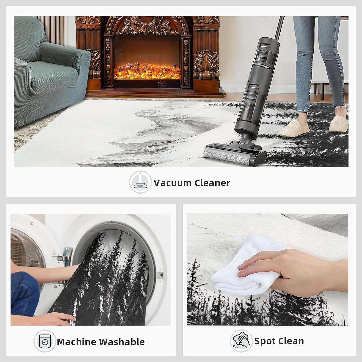 Black and White Trees 2x3 Area Rugs for Living Room -Landscape Snow Scene Painting Washable Rug Snowy Mountain Forest Non-Slip Carpet Indoor Floor Carpets for Bedroom Dining Room Home Office