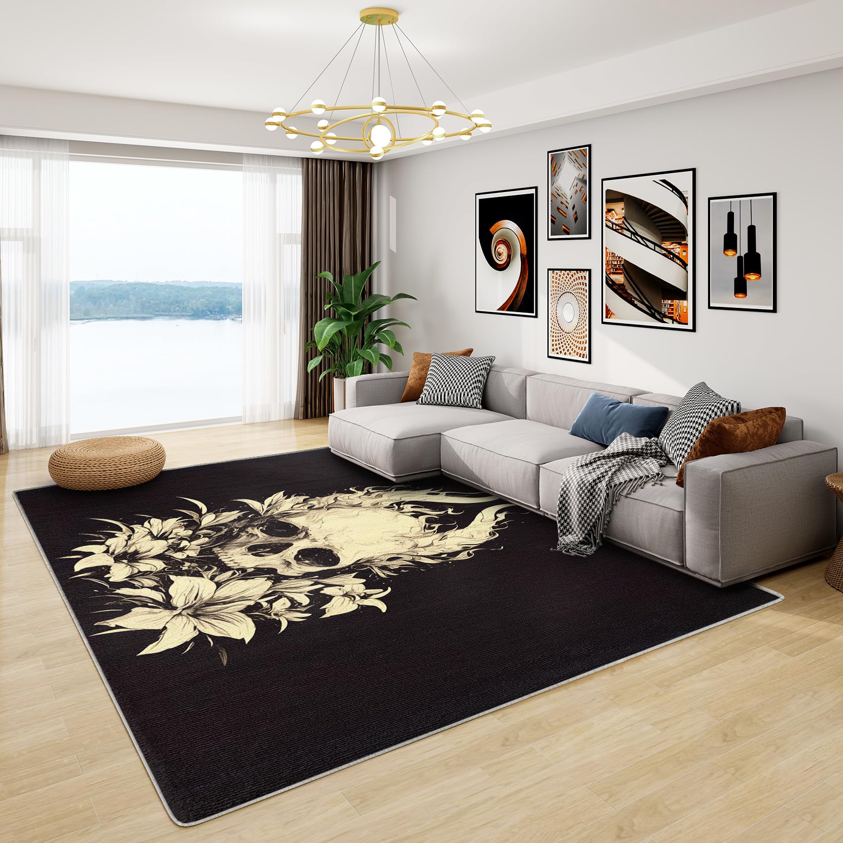 Skull Room Decor - Skull Flower Rug, Gothic Vintage Rugs for Living Room Bedroom, Washable Non Slip Soft Small Carpet, Patterned Area Rugs & Home Decor 60x90 cm