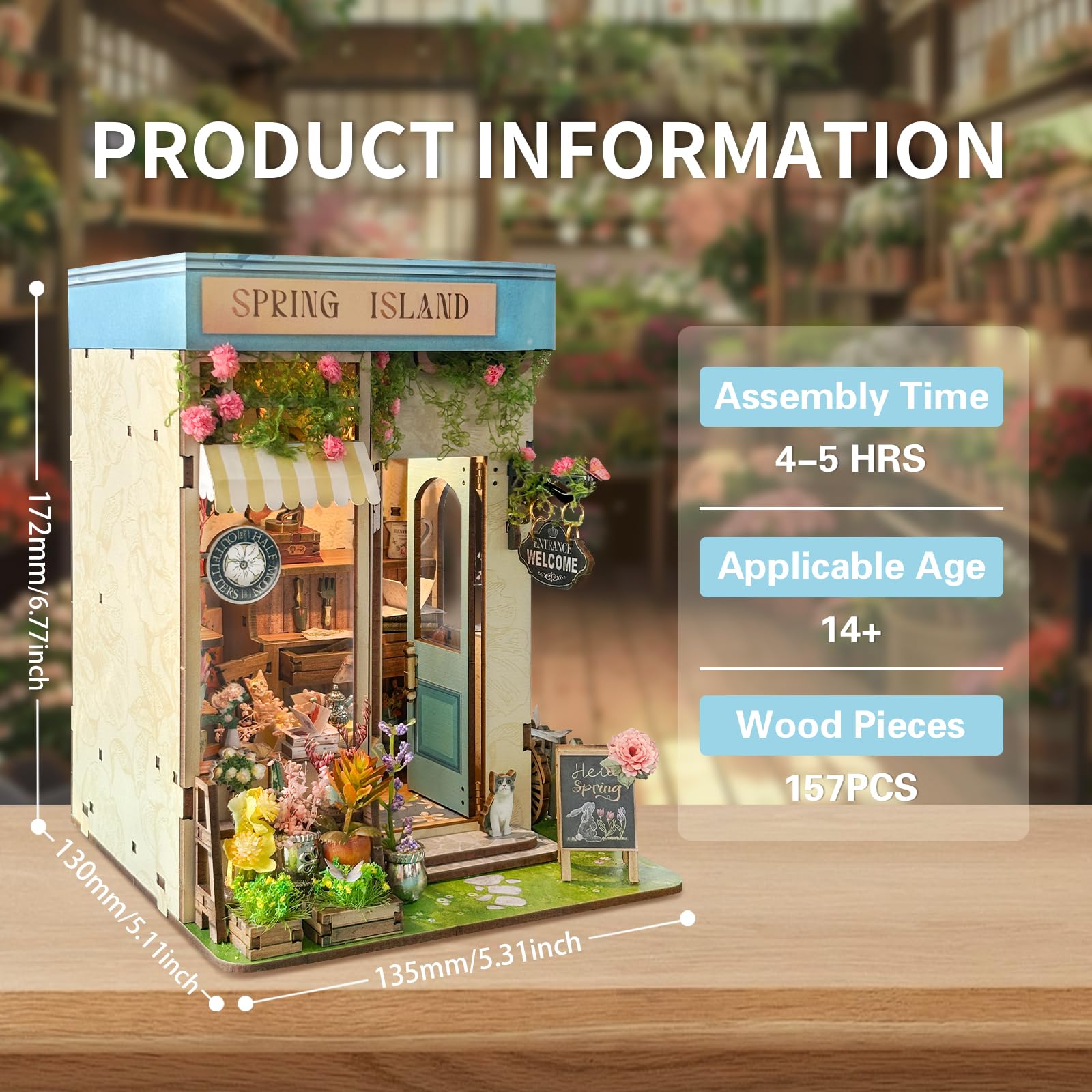 CUTEROOM Kit per Angolo del Libro, Fai da Te in Legno, Casa in Miniatura, Kit di Costruzione con Luci LED（Isola Primavera）