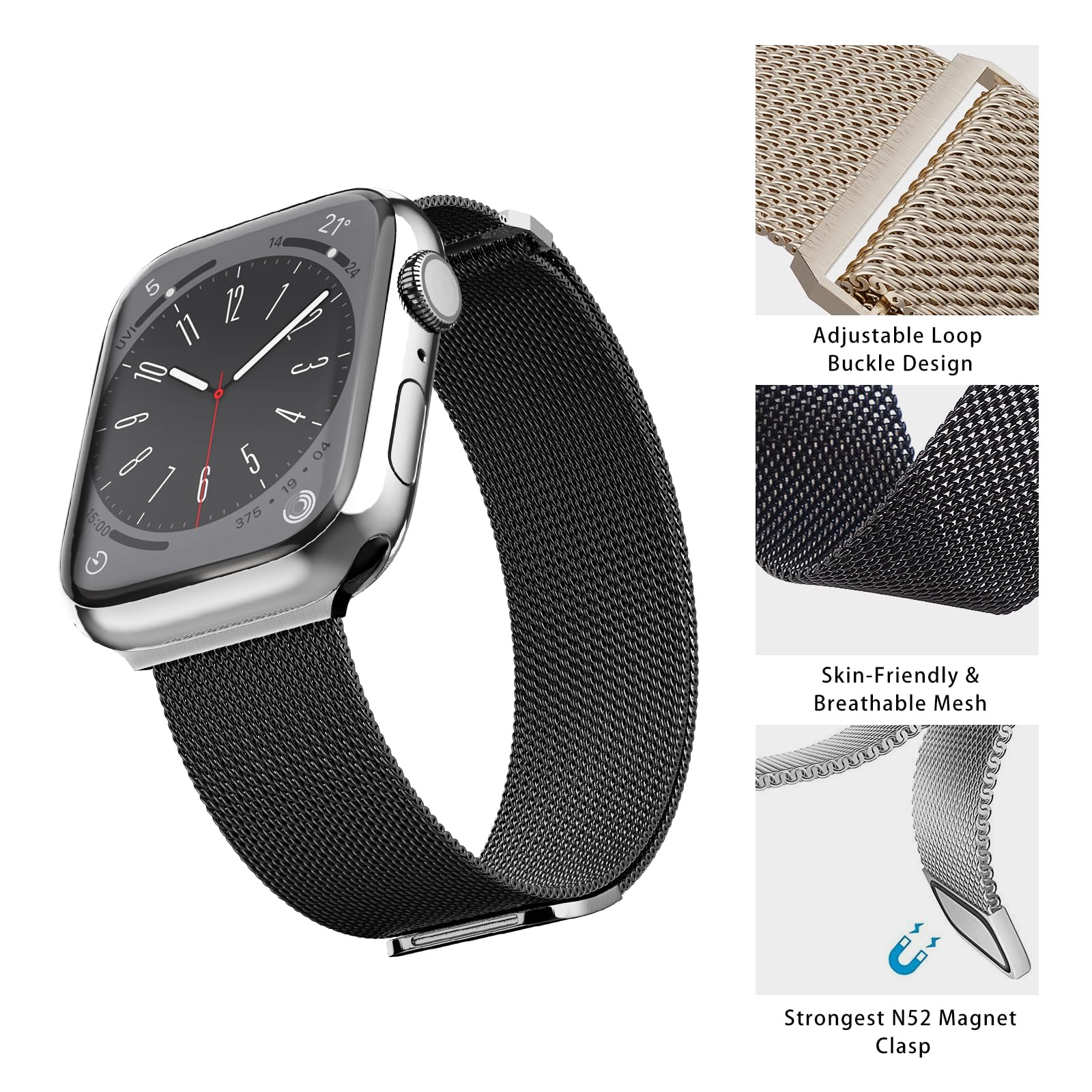 Bracelet à boucle magnétique compatible avec Apple Watch S9/8/7/6/5/4/3 38/40/41/42/44/45/49 mm, Ultra 1/2 de 49 mm, bracelet élégant en maille d'acier inoxydable pour iWatch SE et homme et