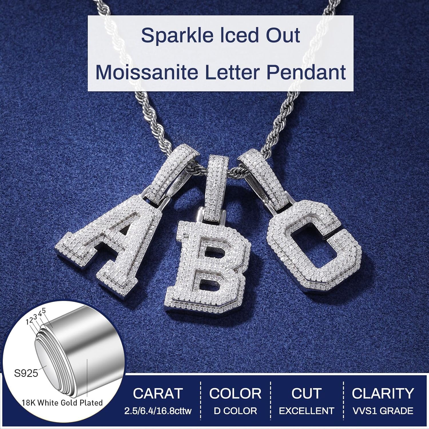 YIMERAIRE 3D Iced Out Letter Pendant Sterling Silver Moissanite Initial Letter Necklace - 925 Sterling Silver Nameplate Pendant For Men & Women - Image 3