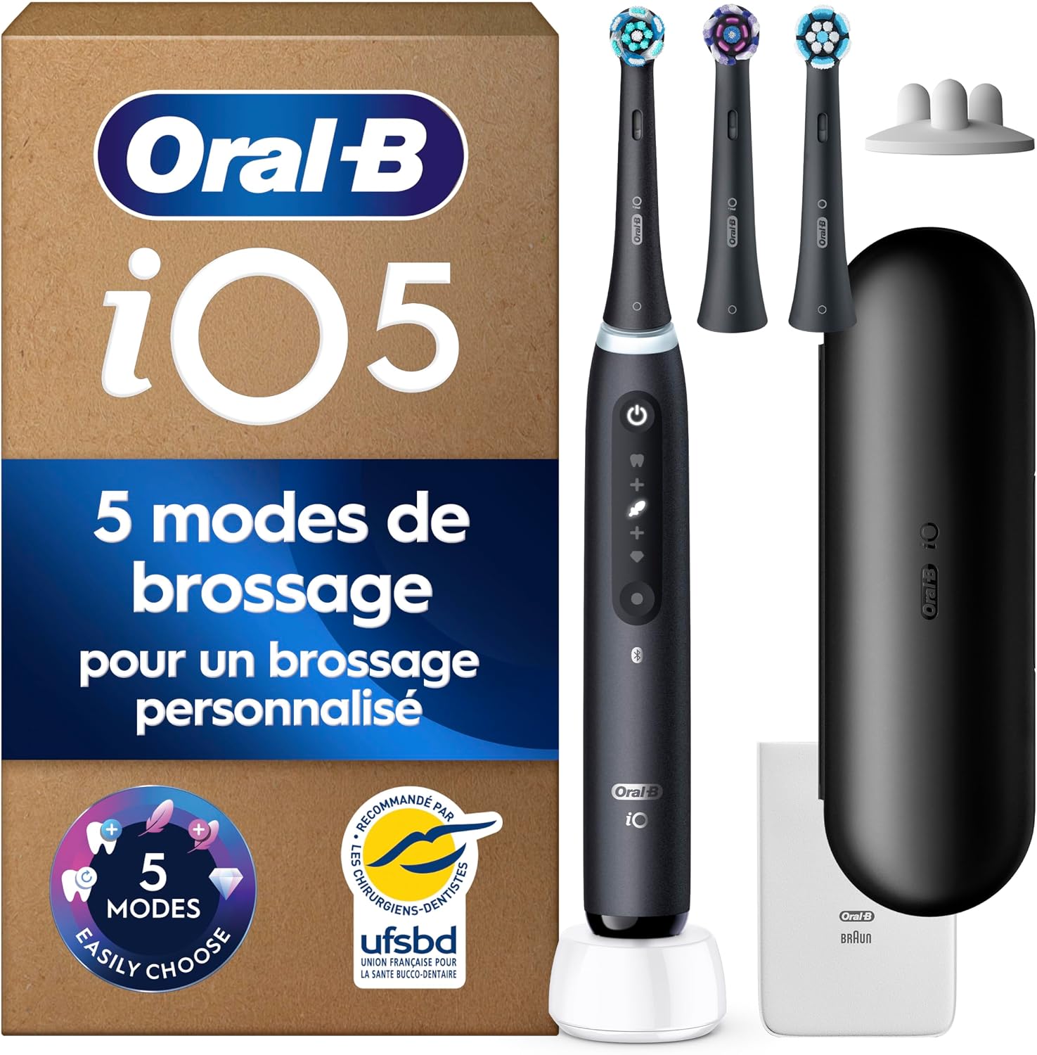 Oral-B Brosse à Dents Electrique iO 5 avec 3 Brossettes de Rechange, Noire – 5 Modes de Brossage dont Douceur et Blancheur, Capteur de Pression sur les Gencives et d’Usure, Batterie Rechargeable