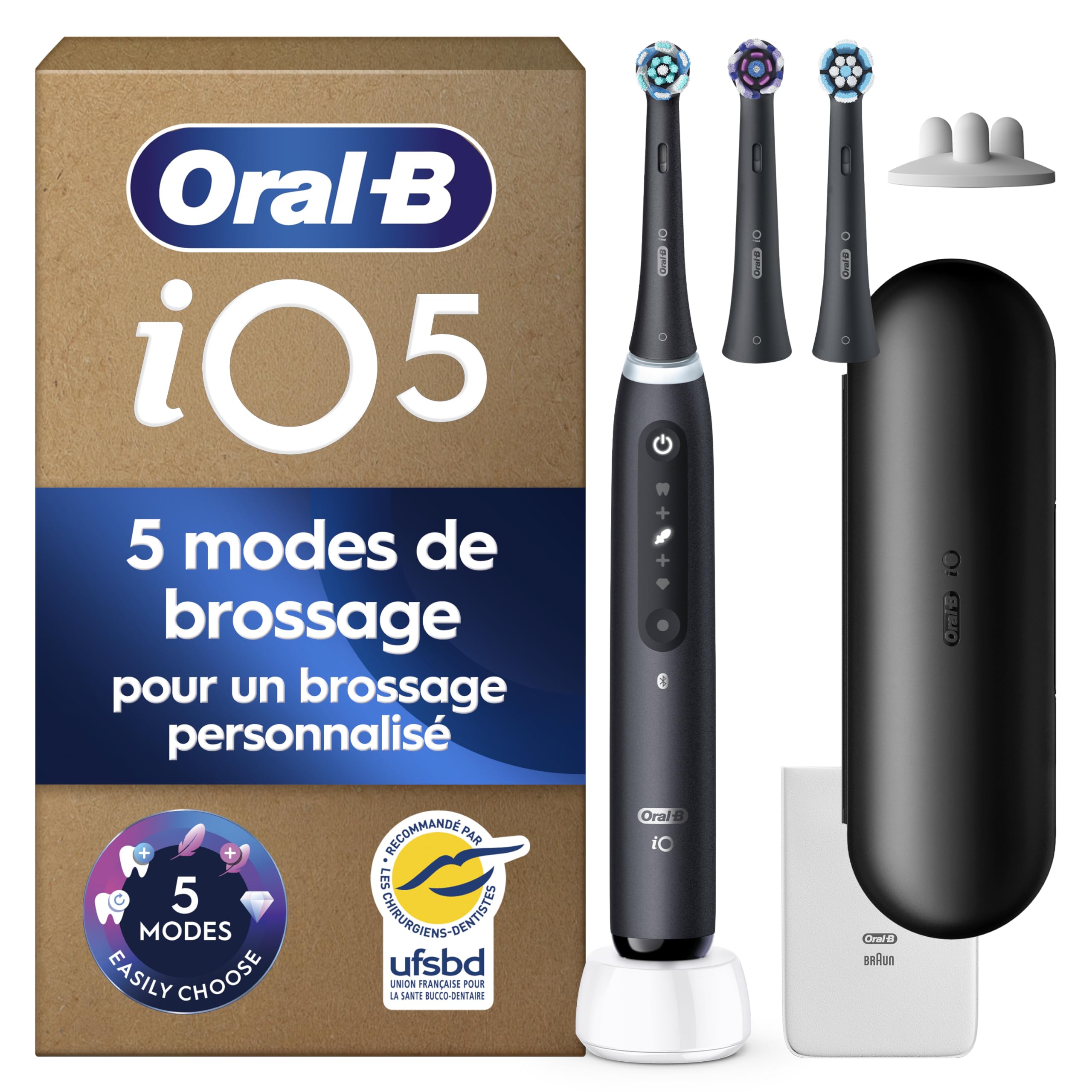 Oral-B Brosse à Dents Electrique iO 5 avec 3 Brossettes de Rechange, Noire – 5 Modes de Brossage dont Douceur et Blancheur, Capteur de Pression sur les Gencives et d’Usure, Batterie Rechargeable