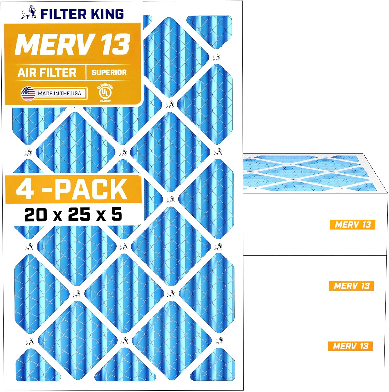Filter King 20x25x5 Air Filter MERV 13 (MPR 1900) Health Defense (4-Pack), Pleated HVAC AC Furnace Filters for FC100A1037, Lennox X6673, Carrier (Actual Size: 19.875 x 24.75 x 4.25)