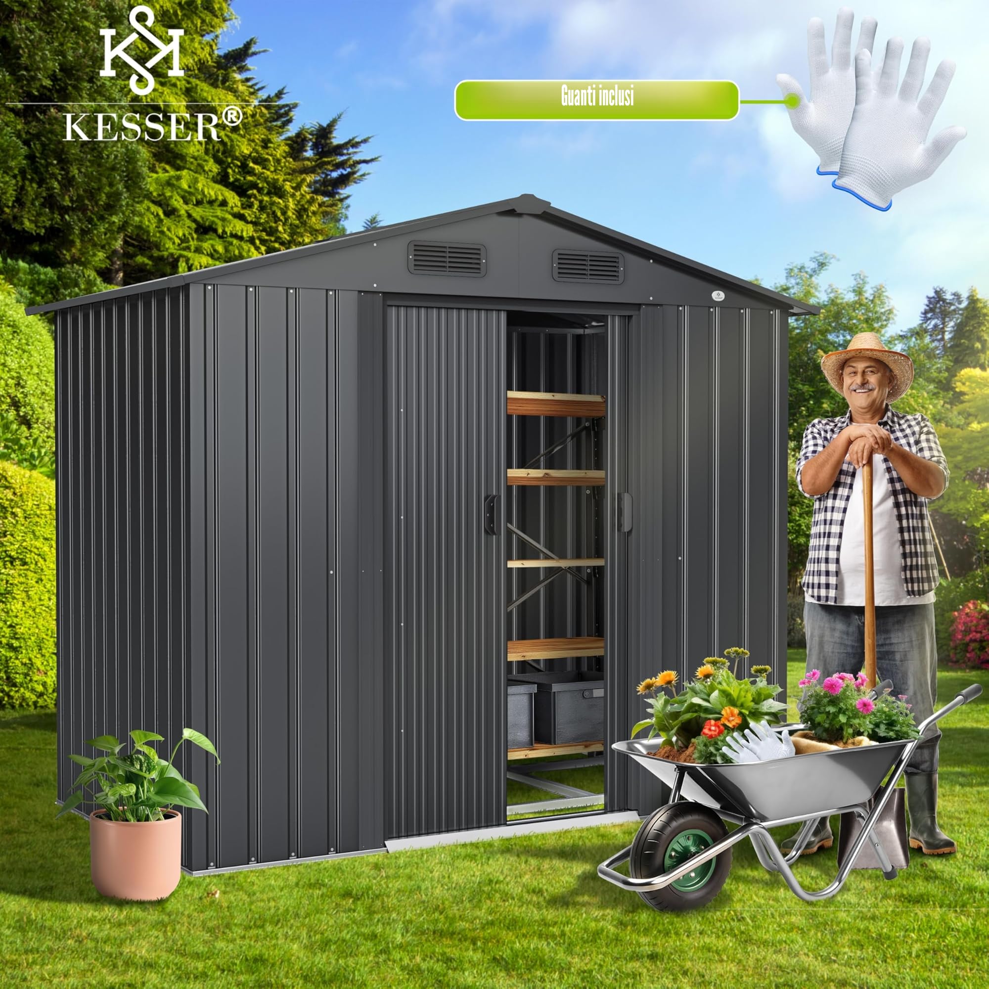 KESSER Casetta per attrezzi L metallo 3,4 m³ 195x131x186 cm 2 porte scorrevoli fondazione tetto spiovente
