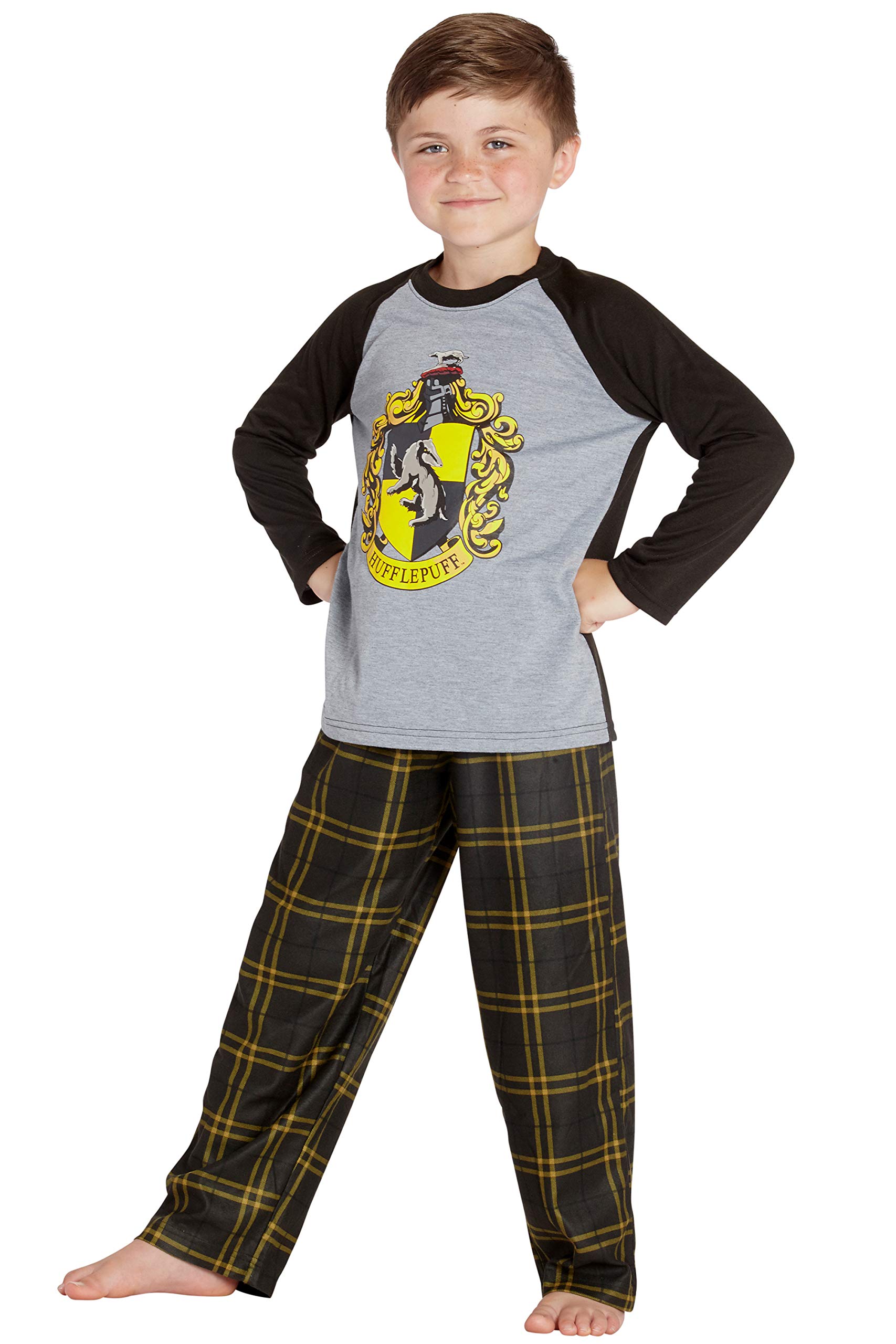 Harry Potter Pijama para niños pequeños y grandes, conjunto de camisa raglán y pantalones a cuadros, Gryffindor, Ravenclaw, Slytherin, Hufflepuff