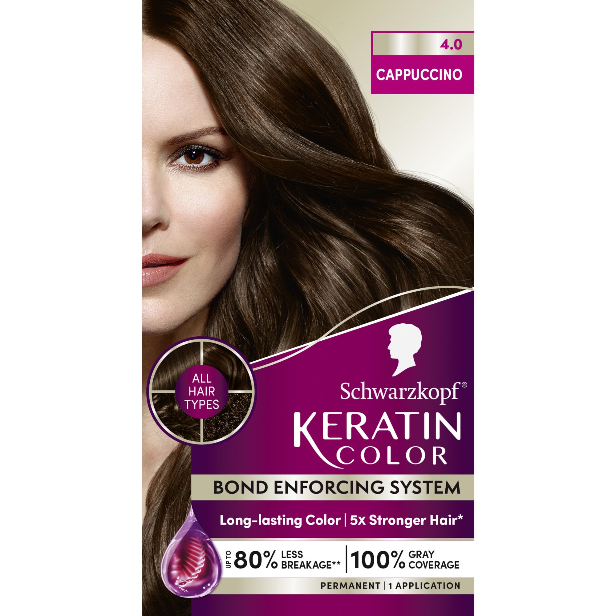 Schwarzkopf Keratin Color Permanent Hair Color, 4.0 Cappuccino, 1 Application - Professionally Inspired Permanent Hair Dye, for up to 80% Less Breakage vs Untreated Hair and up to 100% Gray Coverage