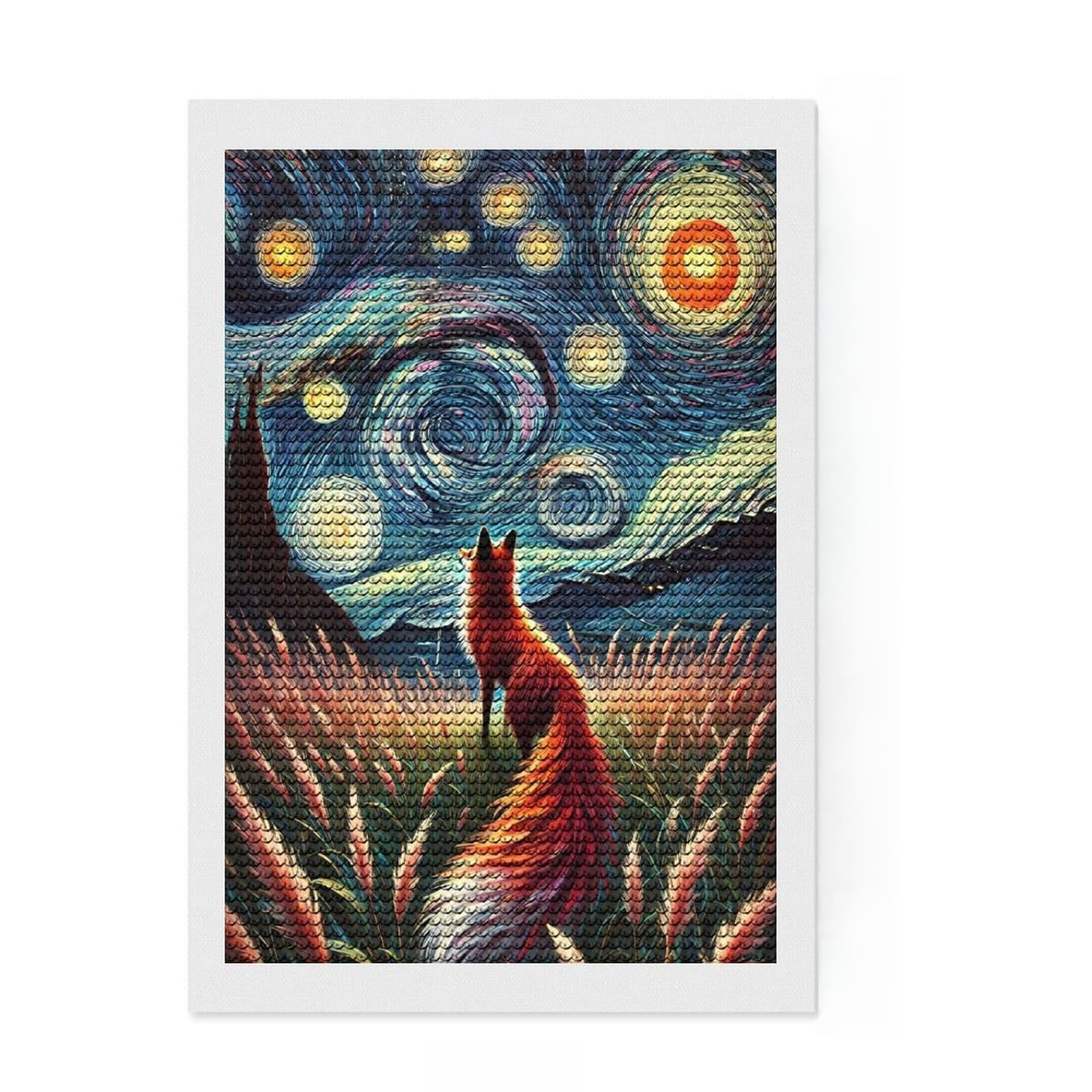 Junmoney Fox Under Starry Night Diamond Art Kit 8"x12", Modern Decor, Vintage Style Decor, with Tool Kit, Easy Craft Set, Stress Relief Craft