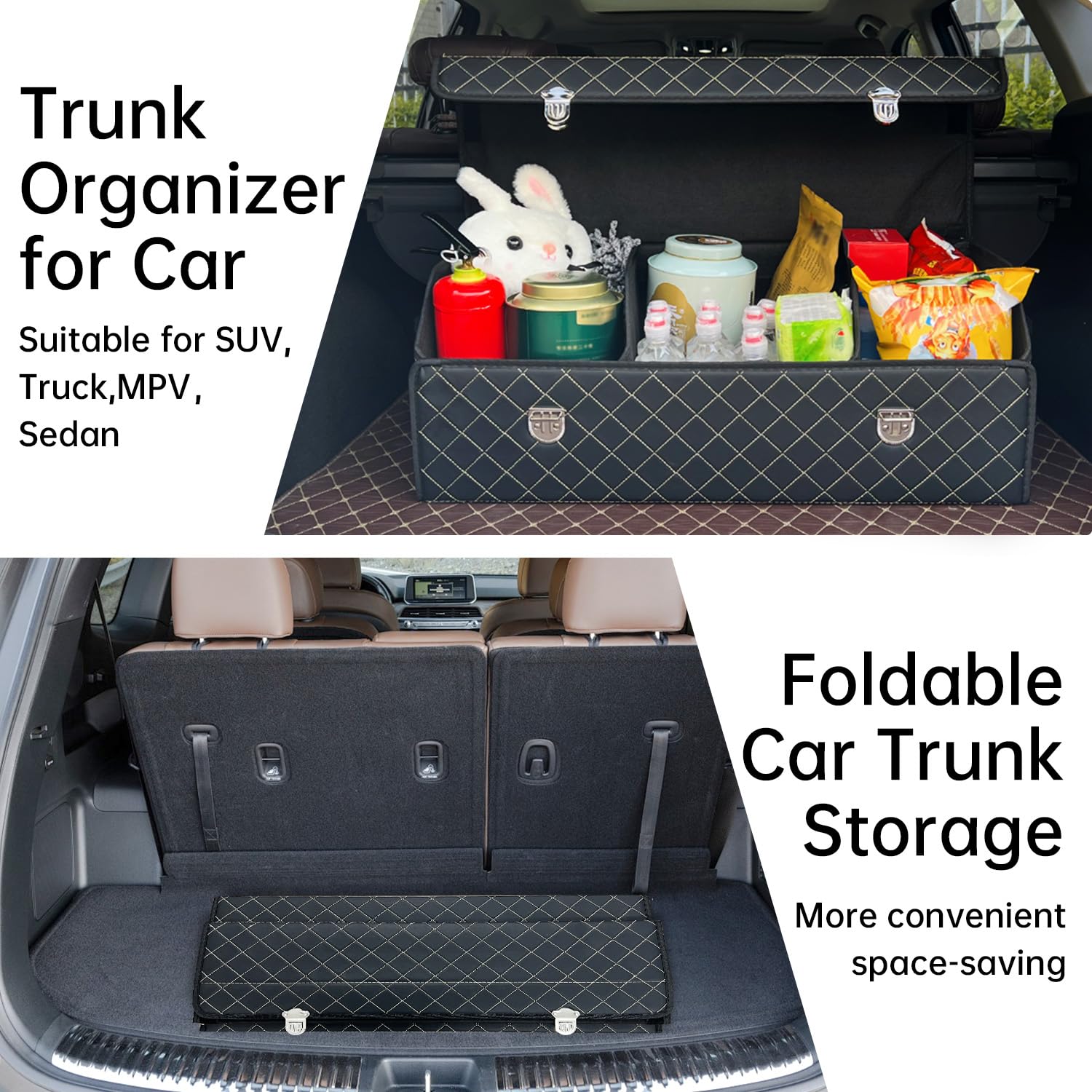 Organizador de maletero de coche con tapa, caja de almacenamiento plegable de piel sintética, 3 compartimentos, plegable multifuncional para SUV, sedán, maletero de vehículo