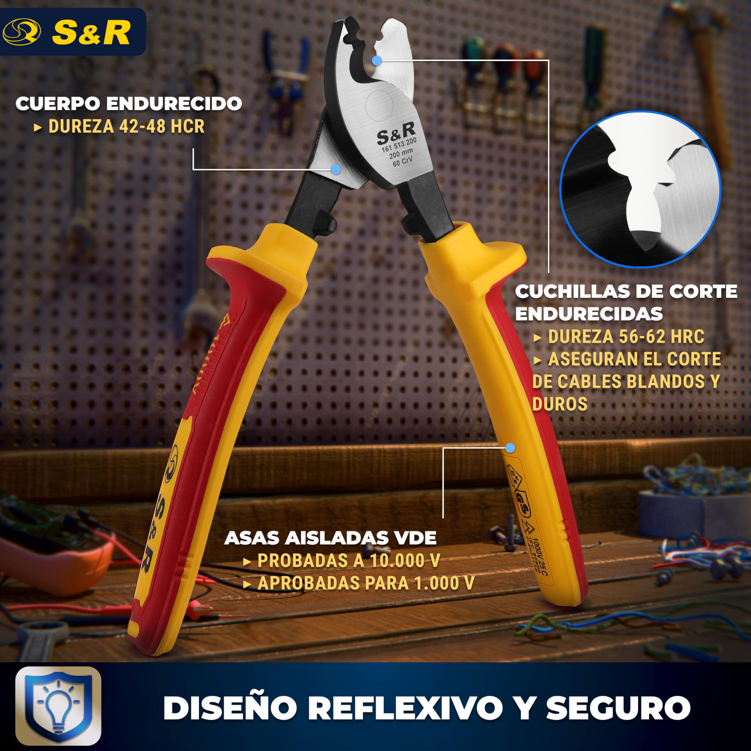 S&R Alicate Cortacables electricista aislada VDE hasta 1000 V - Cortador Alambre 20 cm acero 70C dureza 66 HRC