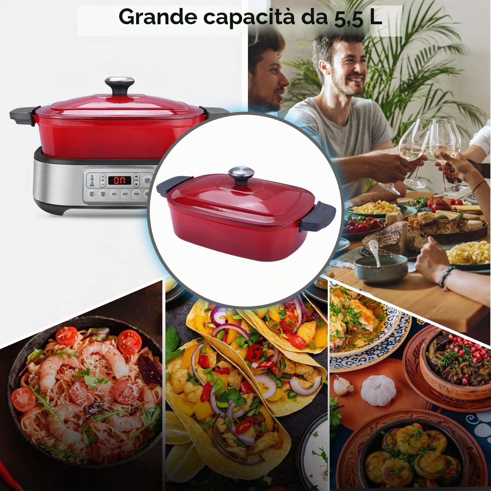 Homtone Casseruola 6 in 1 Slow Cooker, 5,5 l, programmabile, smaltata rimovibile, rivestimento in ceramica, cottura lenta, rosola, cottura a vapore con griglia a vapore, rosso