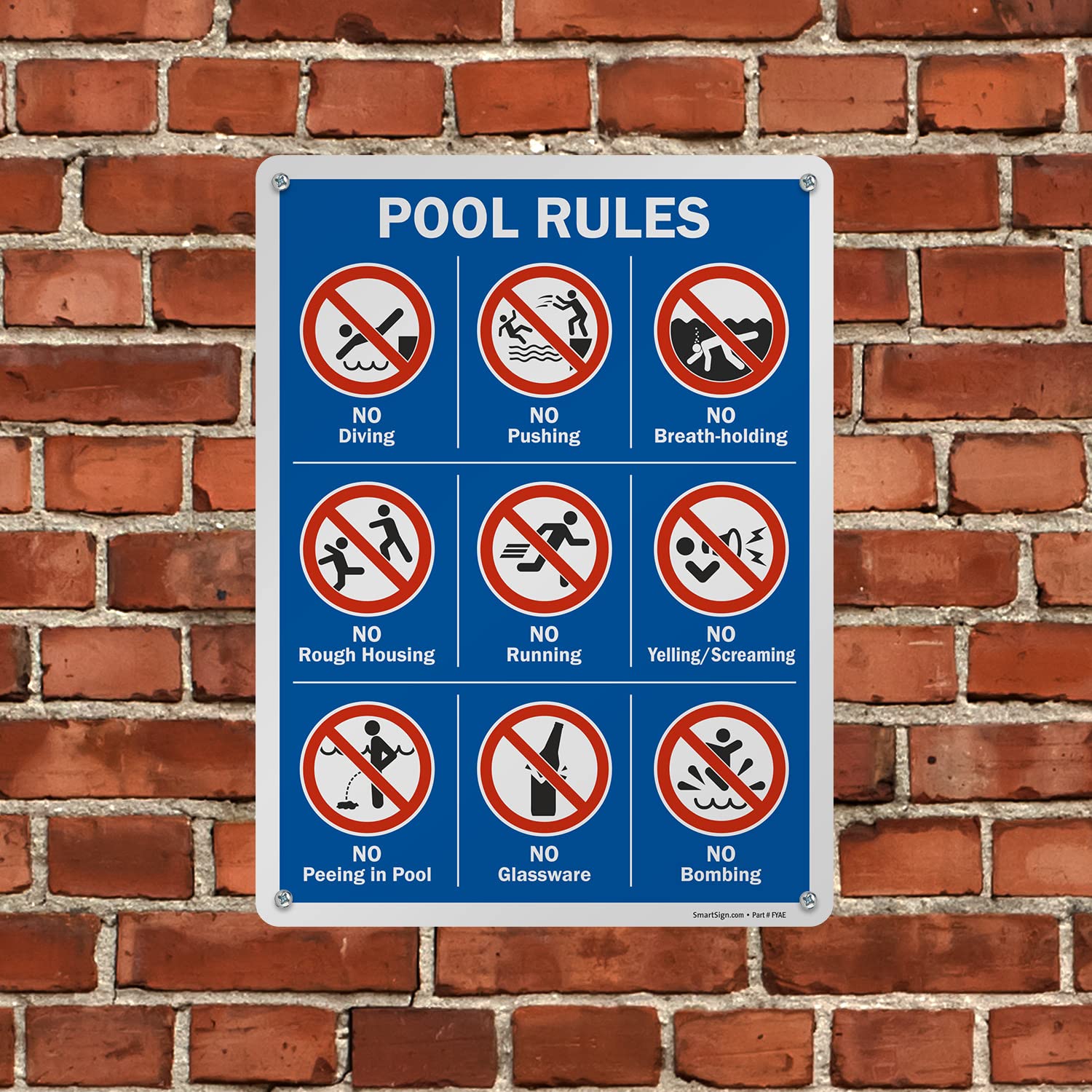 SmartSign 24 x 18 inch “Pool Rules - No Diving, No Pushing, No Running… ” Metal Sign with Symbols, Screen Printed, 80 mil Laminated Rustproof Aluminum, Multicolor