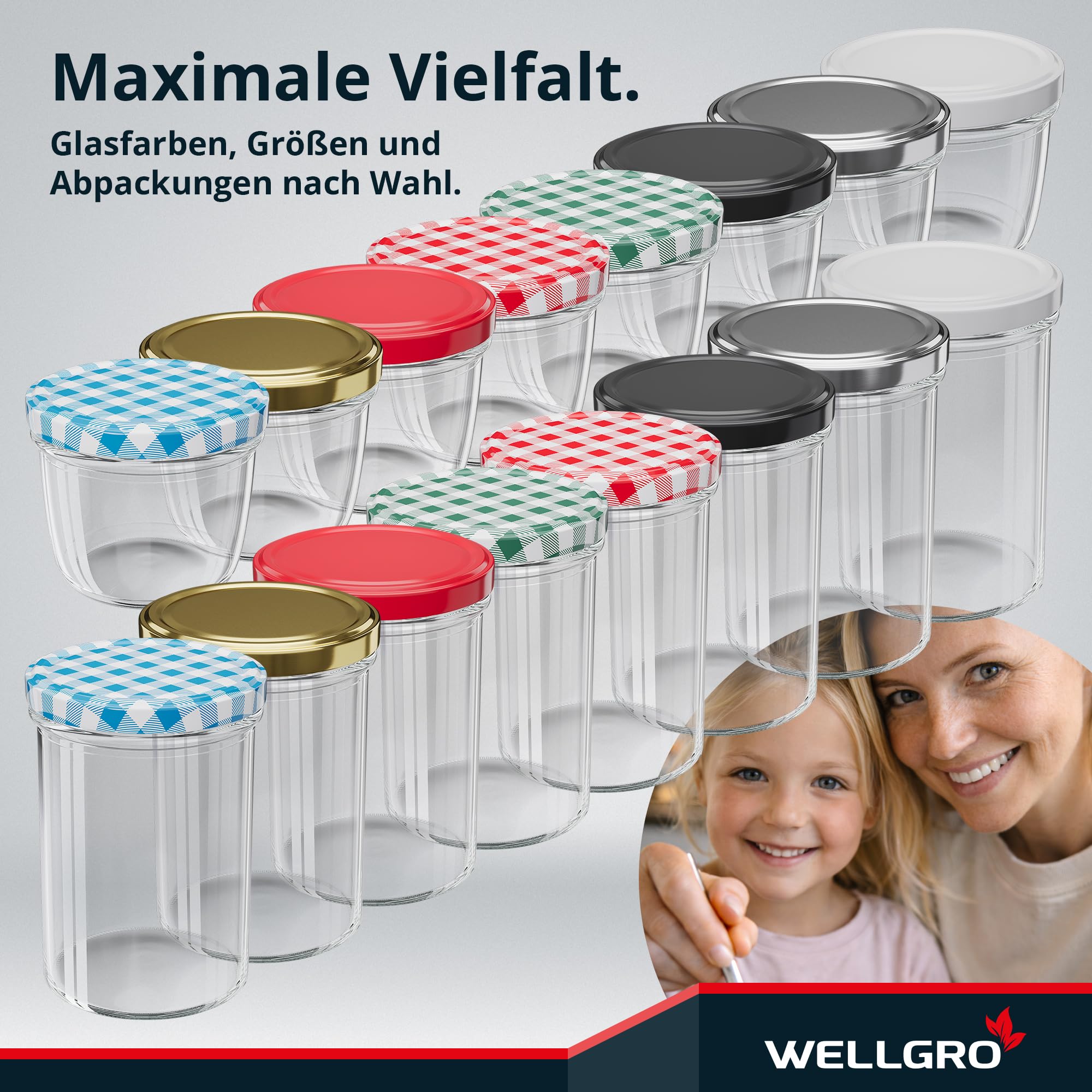 WELLGRO 50x Einmachgläser 230ml – Schraubdeckel TO82 rot kariert – Made in Germany – Vorratsgläser, Marmeladengläser, Aufbewahrungsgläser & Gärgläser