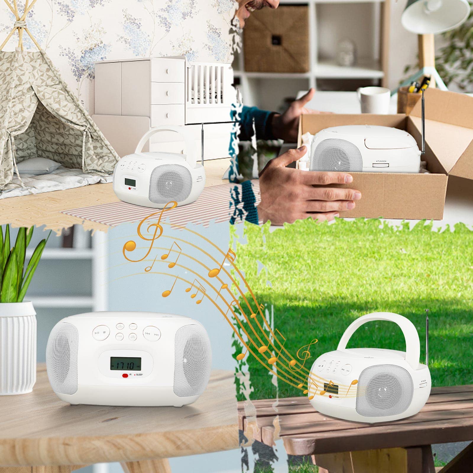 Retekess TR636 Player Portable CD,Boombox Bluetooth,Radio FM Am, USB AUX,Se Puede Cargar,Operación Simple,Adecuada para niños y Ancianos (Blanco)