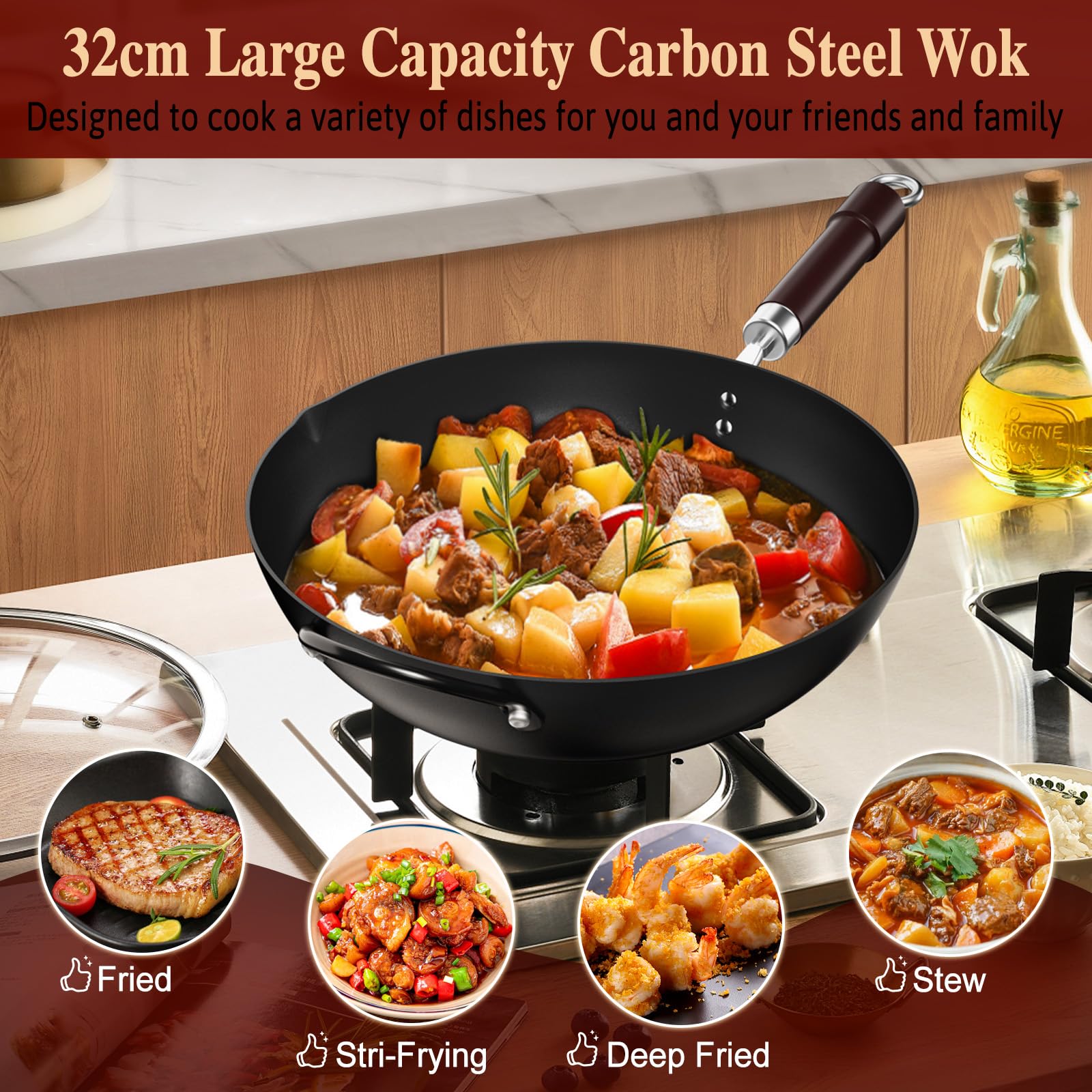 Jobin 32cm Wokpfanne aus Kohlenstoffstahl mit Deckel, Griff aus Holz und Stahl und zum Kochen von Asiatischen Gerichten für 3-5 Personen, Induktion, Elektro, Gas - FLACH
