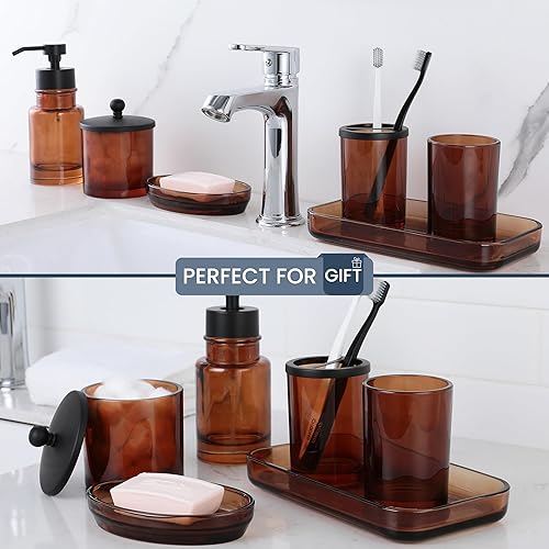 Miniatura 5 de H Halston - Juego de accesorios de baño de vidrio ámbar, dispensador de jabón espumoso, soporte para tarros de algodón Qtip de peso pesado,