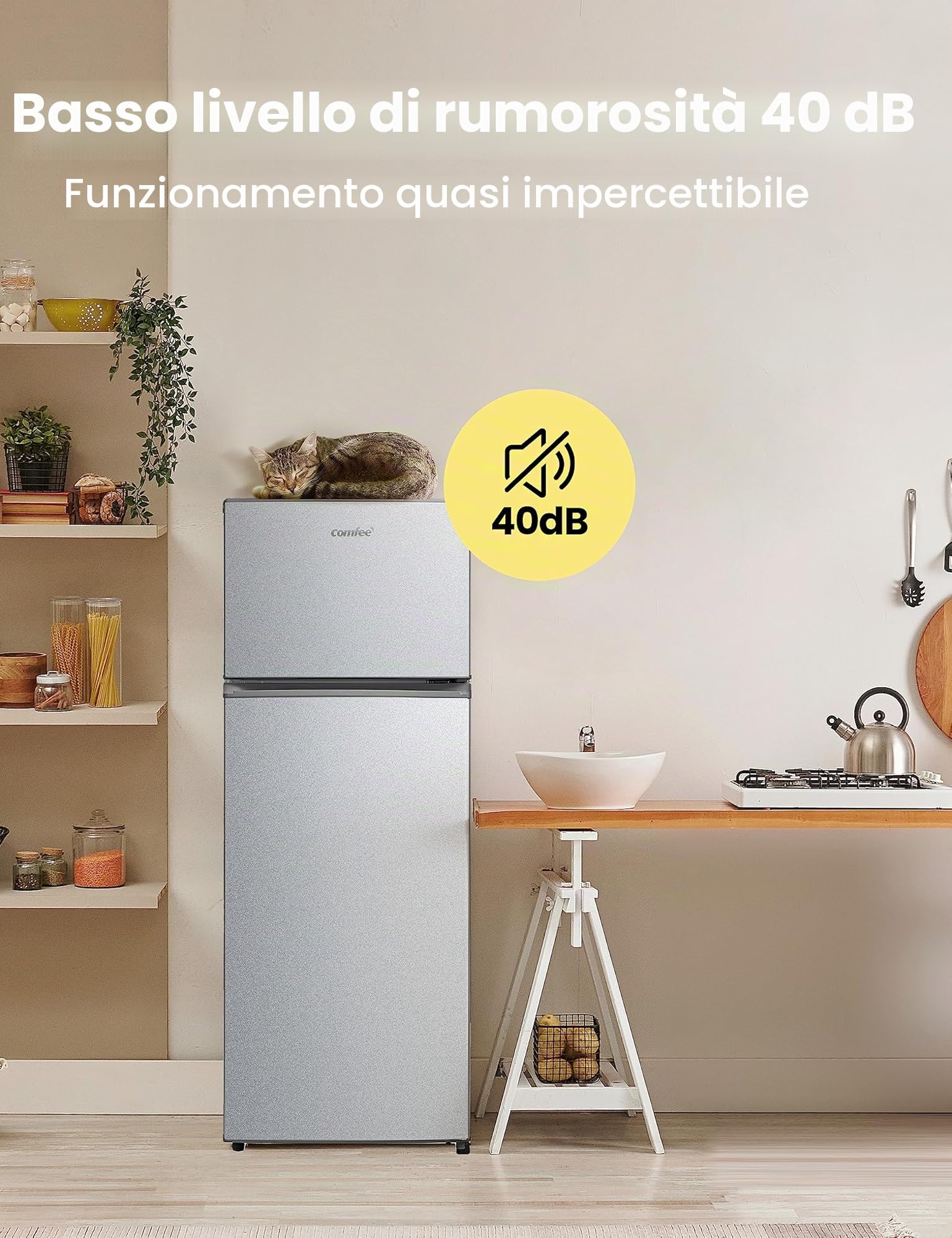Comfee RCT284DS2 Frigorifero/congelatore/congelatore superiore/176 kWh/anno/altezza 143 cm/luce LED/cerniera per porta reversibile/argento