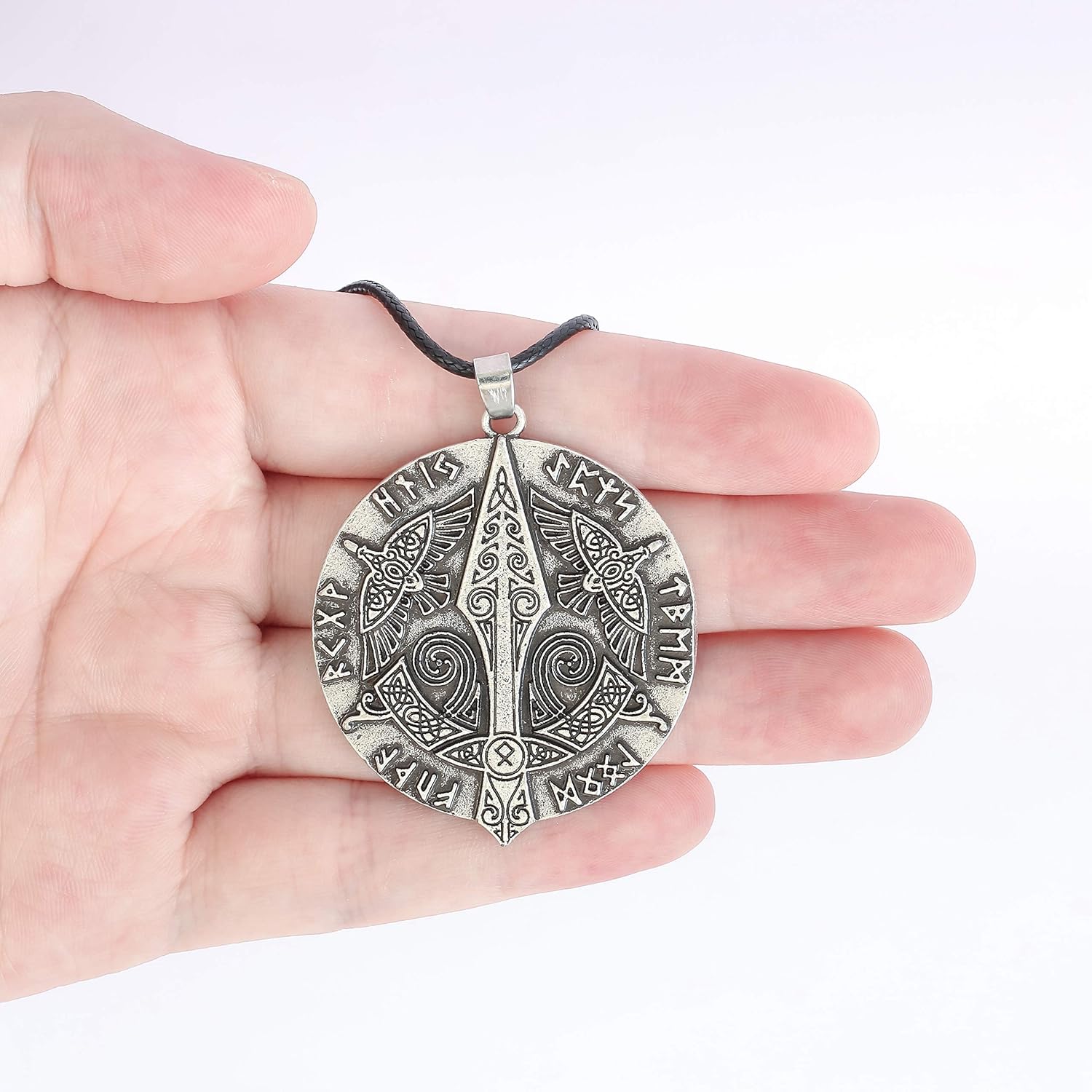 HAQUIL Viking Necklace, Odin Gungnir Huginn Muninn Ravens Medallion Pendant, Faux Leather Cord, Viking Jewelry Gift (AD) - Image 4