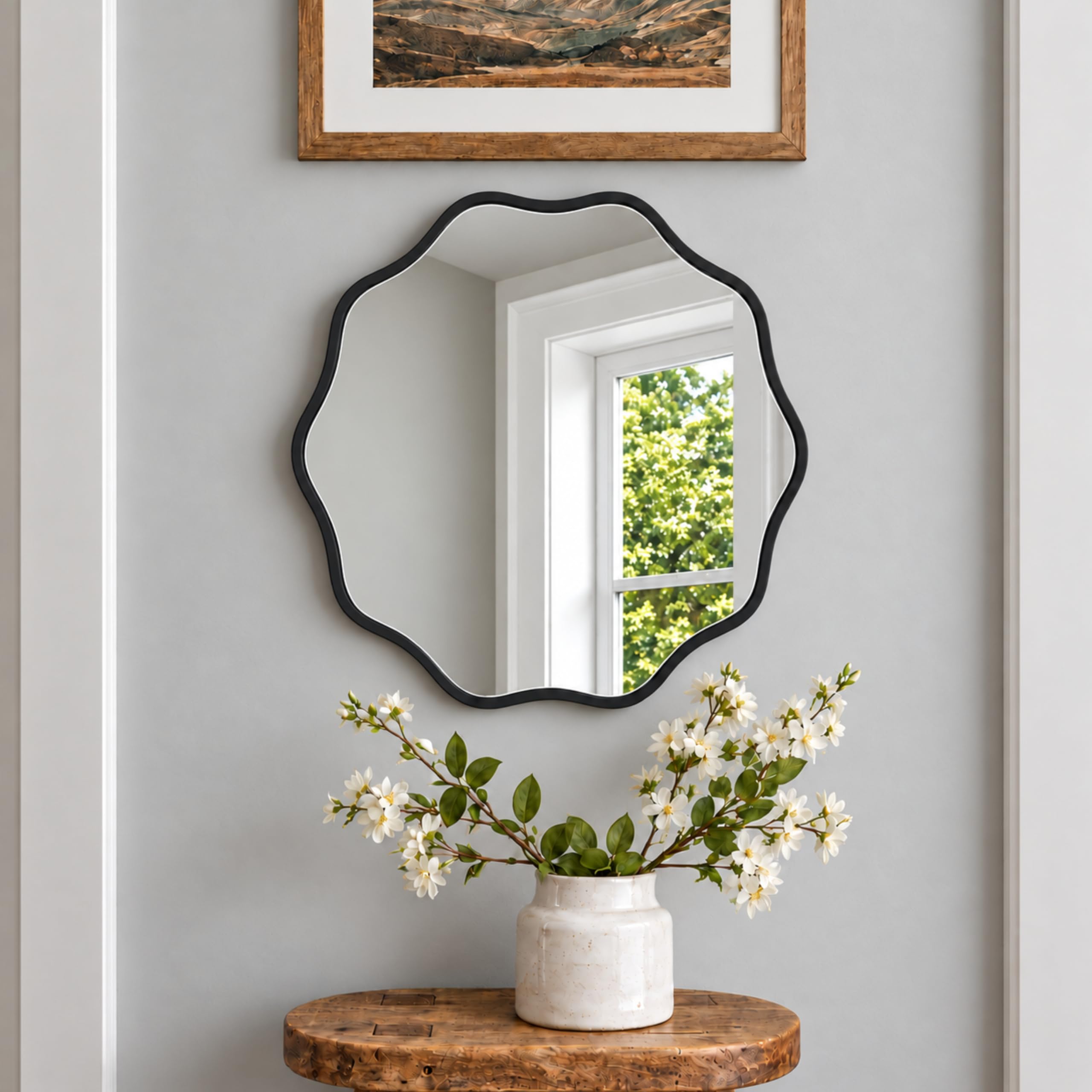 PERFNIQUE Miroir mural rond - Miroir ondulé avec cadre en bois - Miroir décoratif à suspendre ou à s'appuyer - Miroir de salle de bain - Miroir de couloir - Miroir de salon - Design en bois naturel