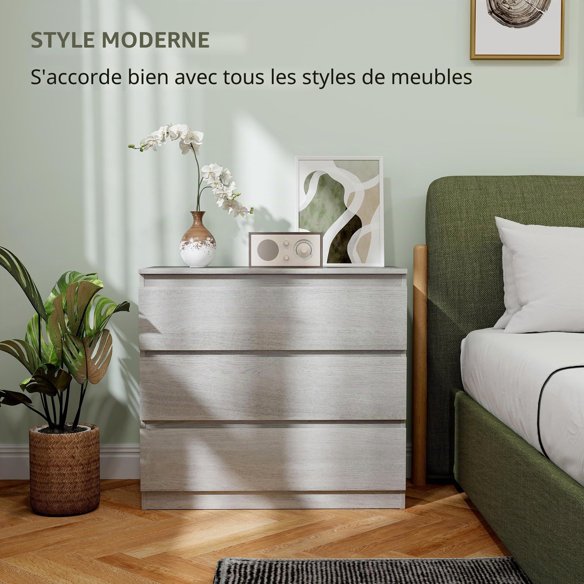 HOMCOM Commode 3 tiroirs 80x39x73cm Gris Effet Bois