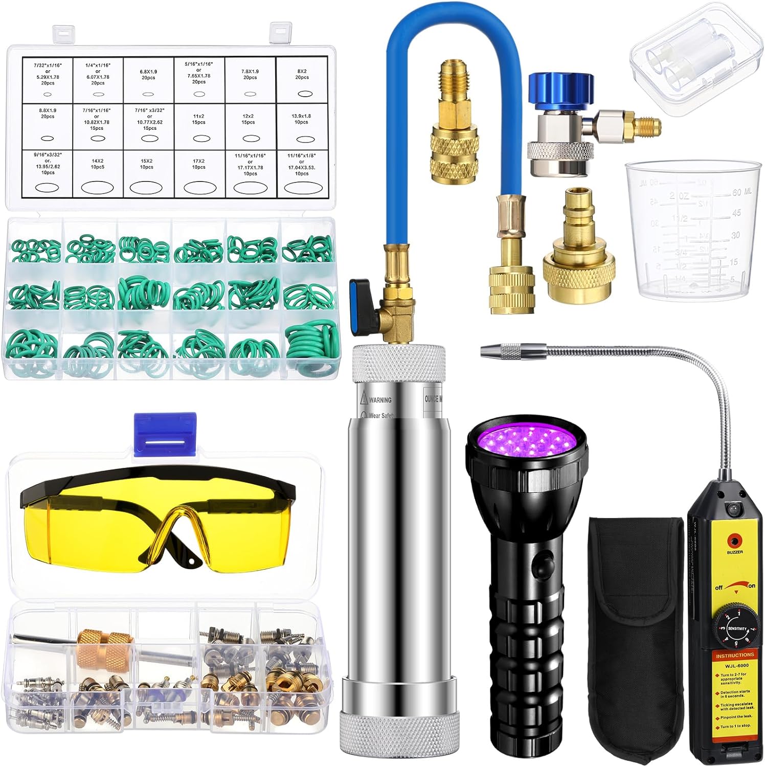 Ac Leak Detector Kit, R1234yf R134a R410a Ac Oil UV Dye Injector Kit Refrigerant Leak Detector Tool Low Side Quick Coupler Mini Split Adapters Glasses UV Flashlight O-Rings Valve Cores