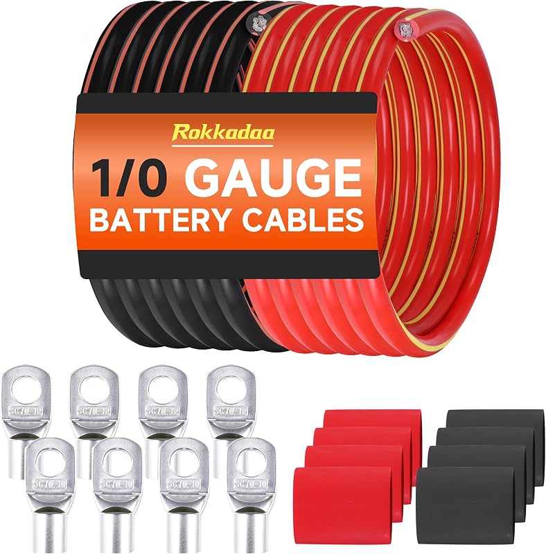 Kit de Cabo de Bateria Rokkadaa 1/0 AWG CCA Vermelho e Preto com Terminais – 3,05 m