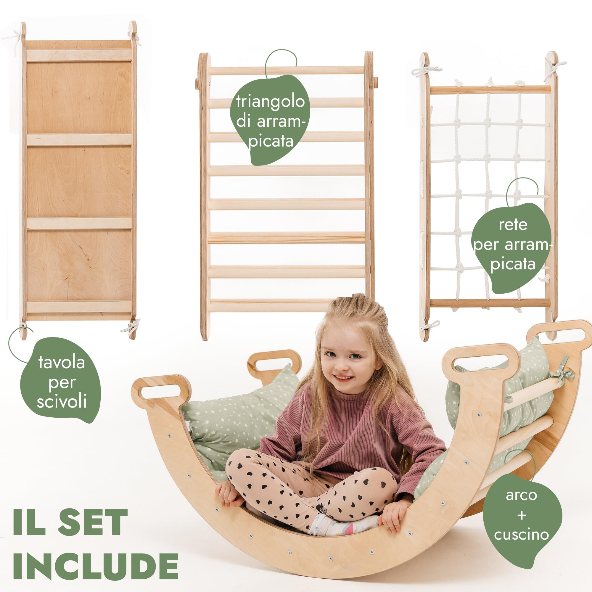 Telaio da arrampicata per interni 5 in 1 per bambini – scala triangolare, arco da arrampicata e rampa da arrampicata e rete, cuscino, montessori, per bambini dai 1 ai 5 anni (cuscino verde)
