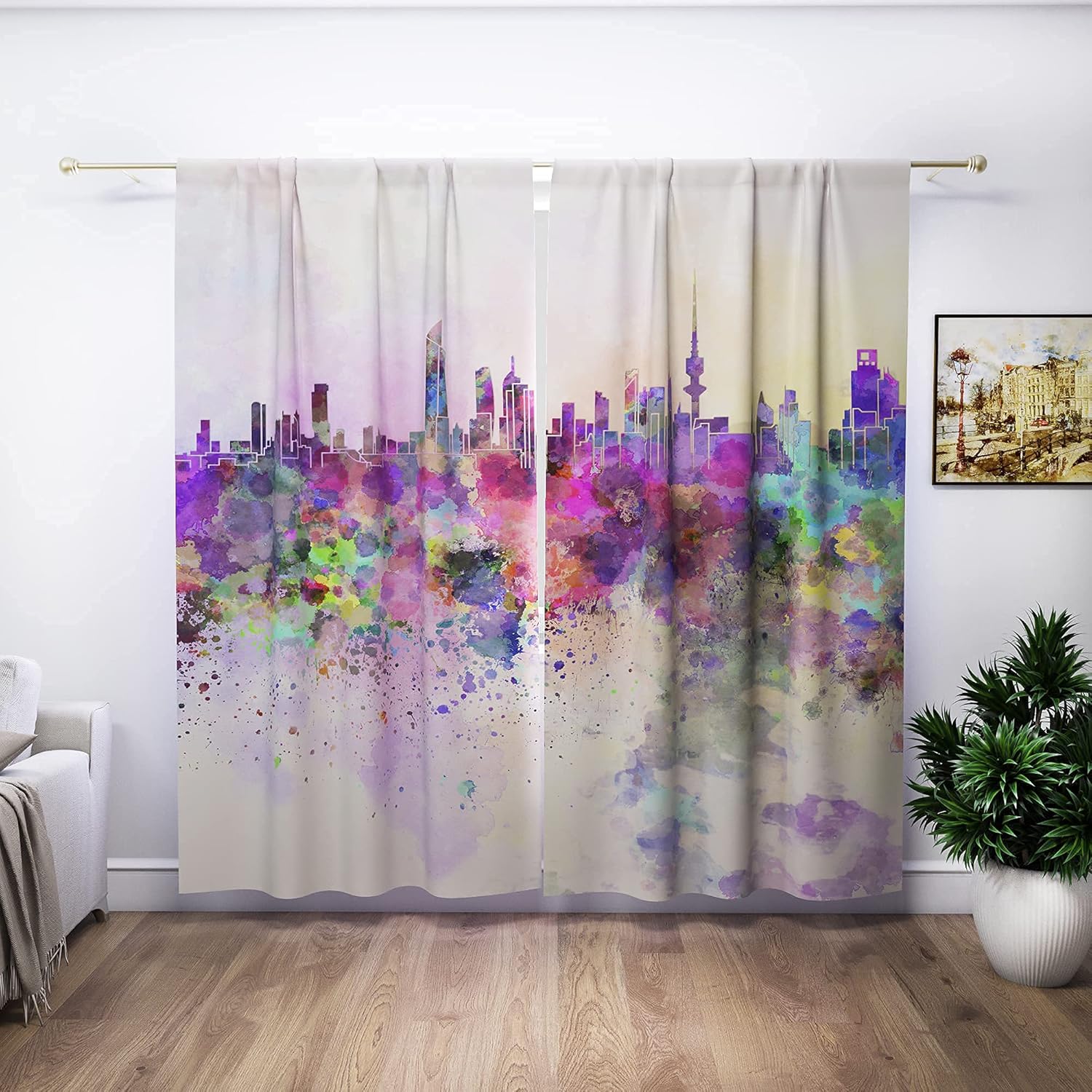 Skyline Window Curtains Art Curtains, Fascinating City View Curtains, Rod Pocket Room Darkening Drapes 84 inch Window Panels Set of 2, Watercolor Curtains for Bedroom Colorful for Living Room Kitchen